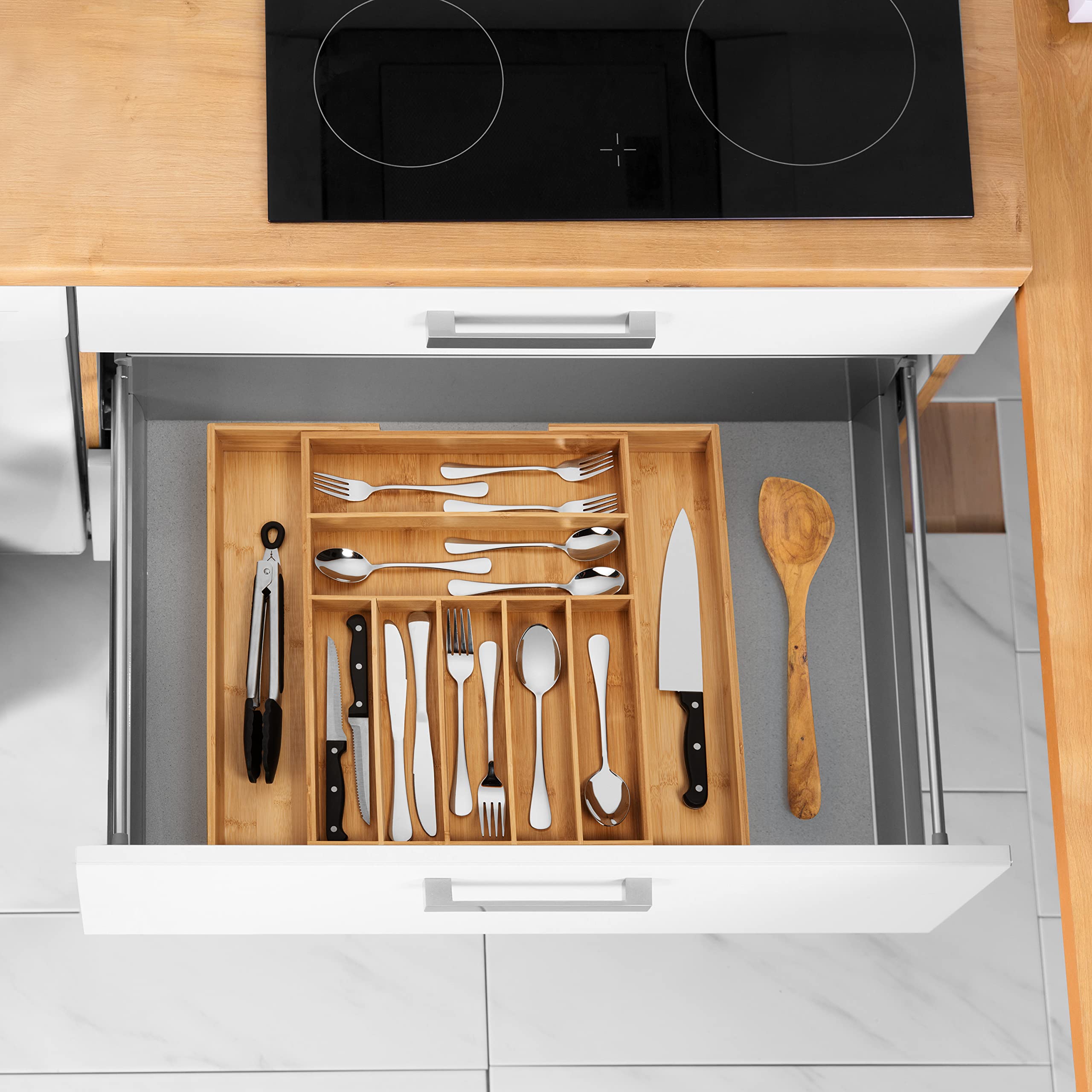 Purawood Large Premium Bamboo Silverware Organizer, 2 Pack - Expandable Kitchen Drawer & Utensil Organizer, 17.5'' X 19.75'' Cut