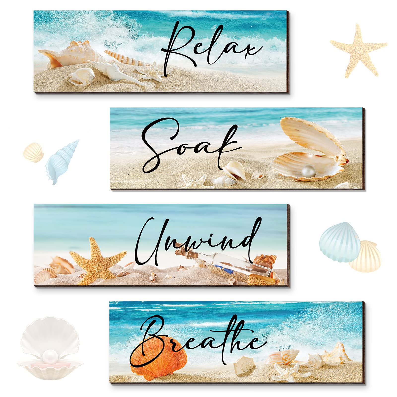 Yulejo 4 Pieces Ocean Beach Bathroom Wall Decors Wood Relax Soak Unwind Breathe Wall Art Bathroom Sign Hanging Seashell Starfish