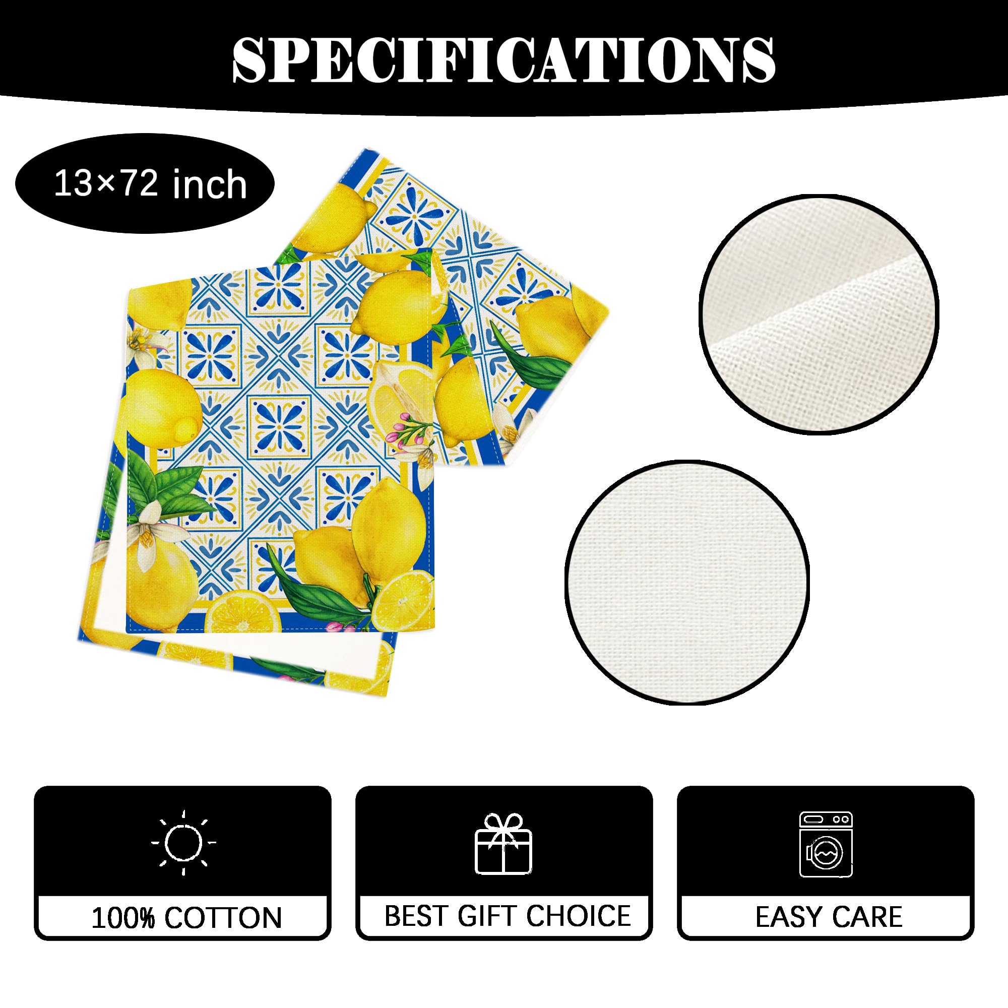 Summer Lemon Table Runner Spring Italian Lemons Table Cover Italy Blue Tiles Lemon Decor Cyan-Blue Tile Burlap Artificial Lemon