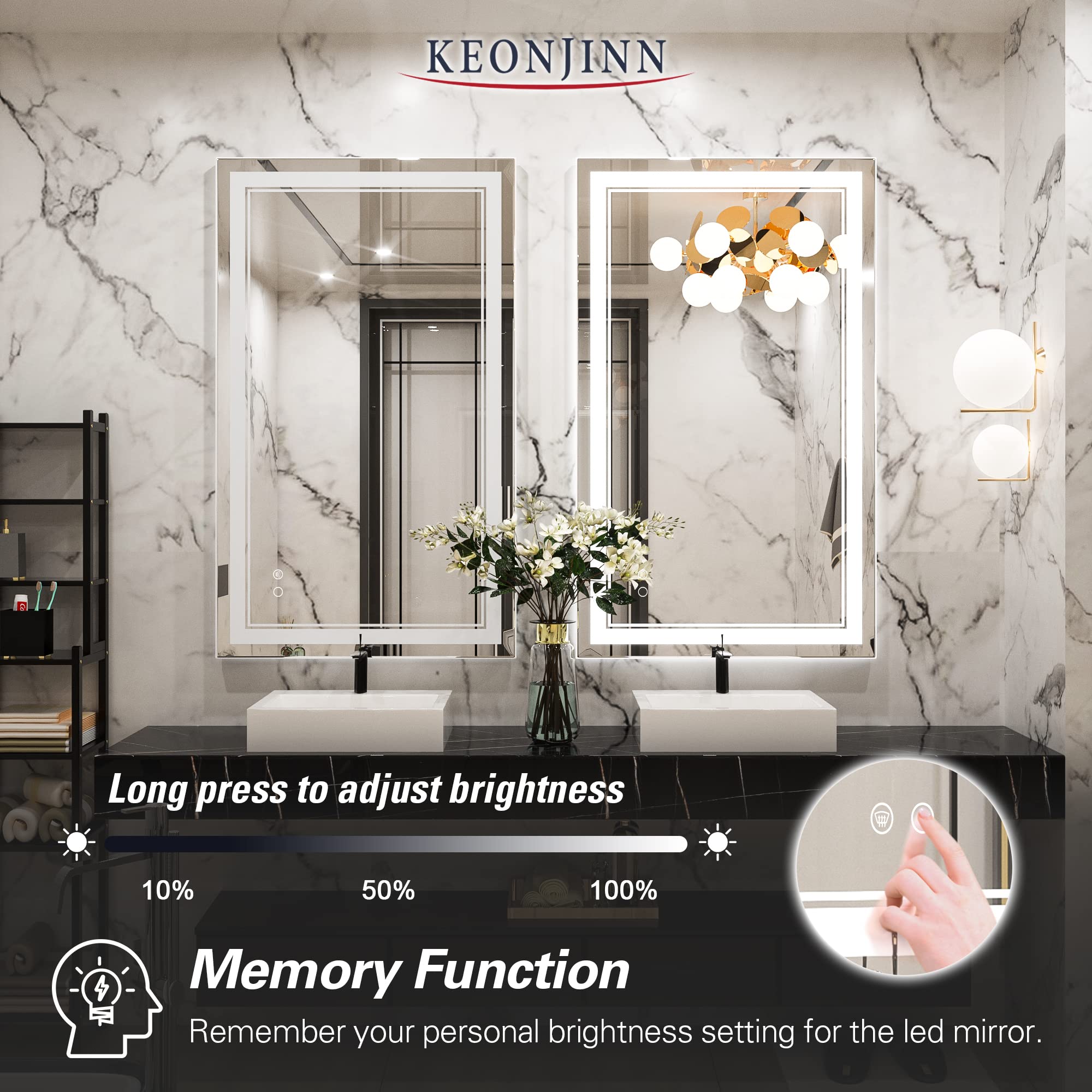 Keonjinn Led Bathroom Mirror With Lights, 40 X 24 Inch Front Lighted Vanity Mirror, Wall Mounted Anti-Fog Memory Brightness Dimm
