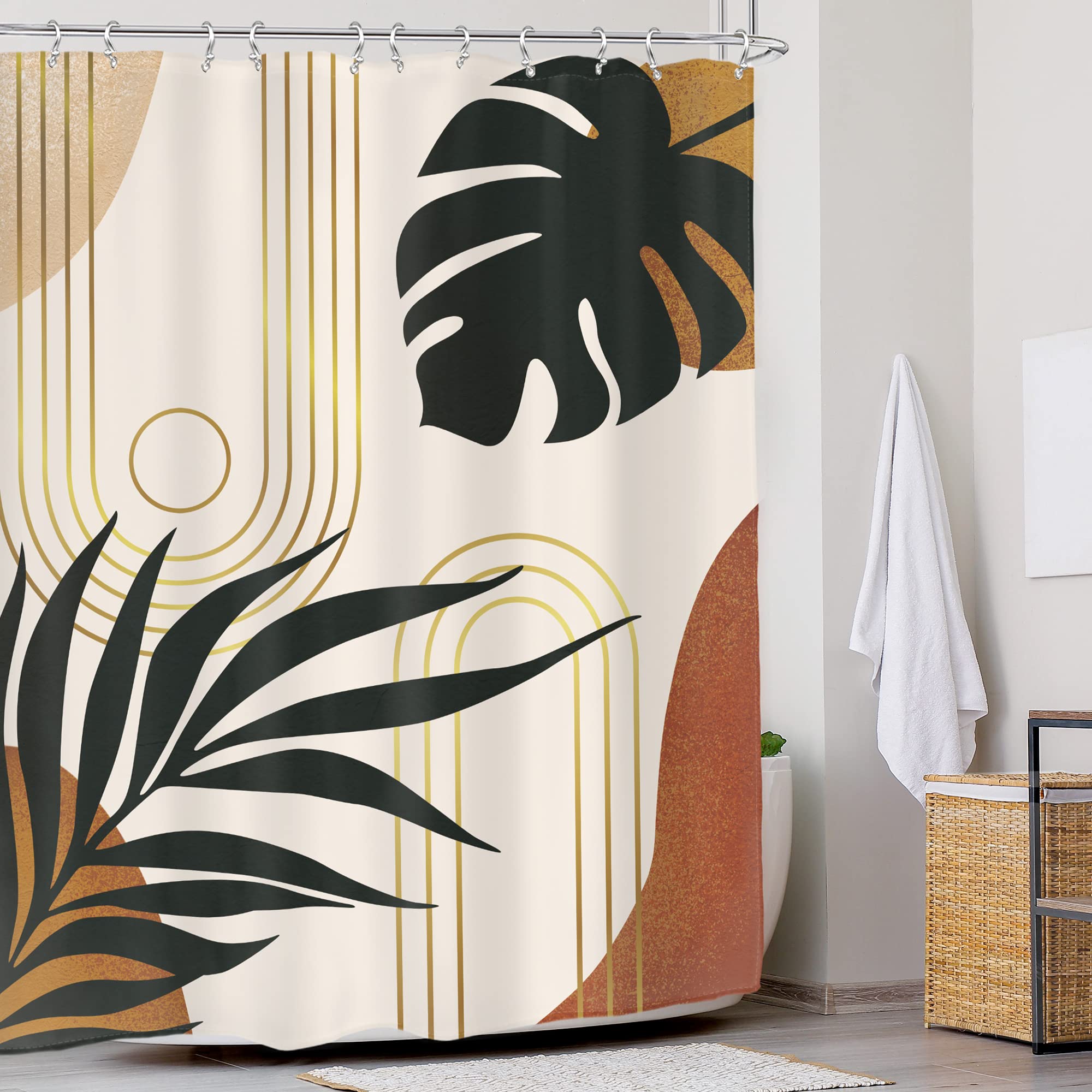 Glawry Boho Mid Century Shower Curtain 60Wx72L Inches Abstract Tropical Palm Leaves Modern Minimalist Plant Botanical Geometric
