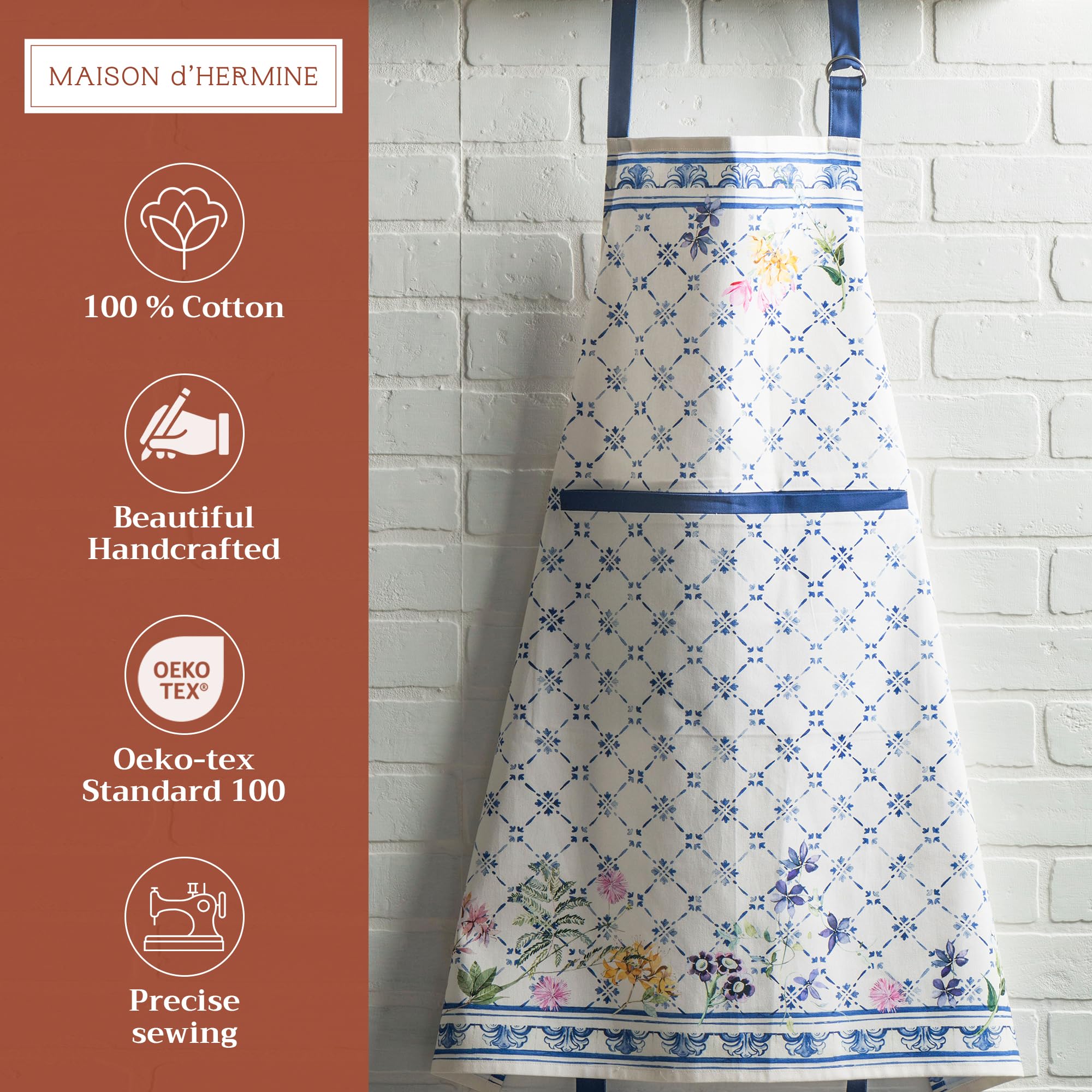 Maison D' Hermine Apron 100% Cotton 1 Piece Adjustable Neck Strap Clothapron With Center Pocket & Long Ties For Mother'S Day Gif