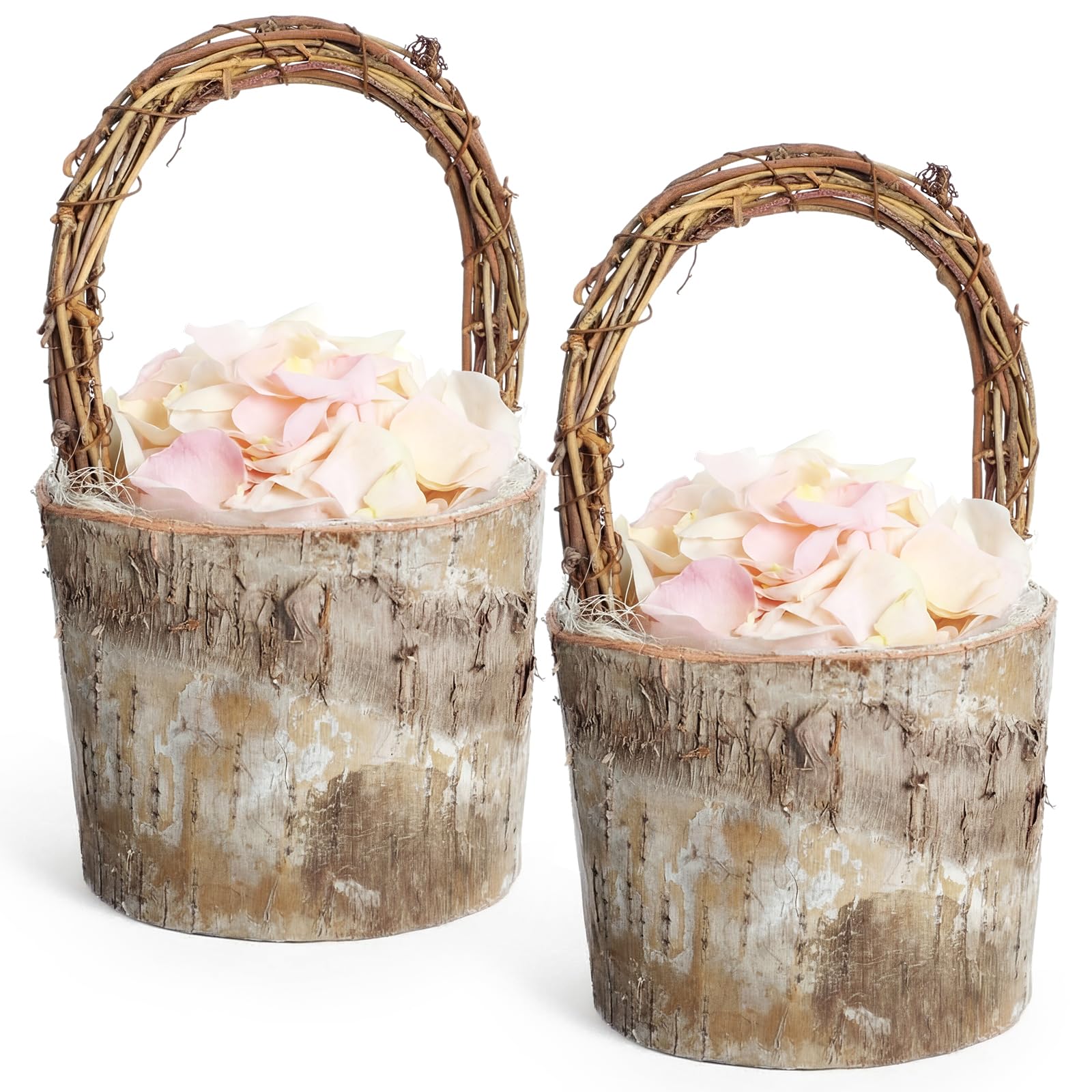 LemonRoad 2 Pcs Flower Girl Basket Retro Wooden Bark Style Small Baskets with Handles for Wedding Floral Decoration Wedding Flow
