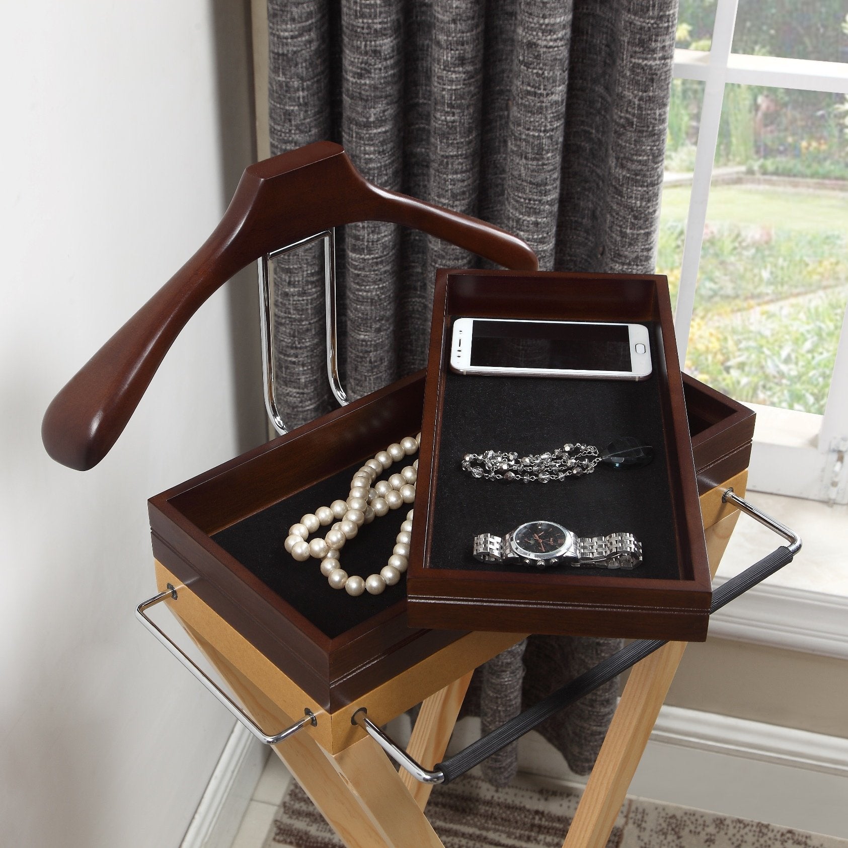 Laguna Valet medium walnut for tray and hanger  natural color for body  chrome hardware