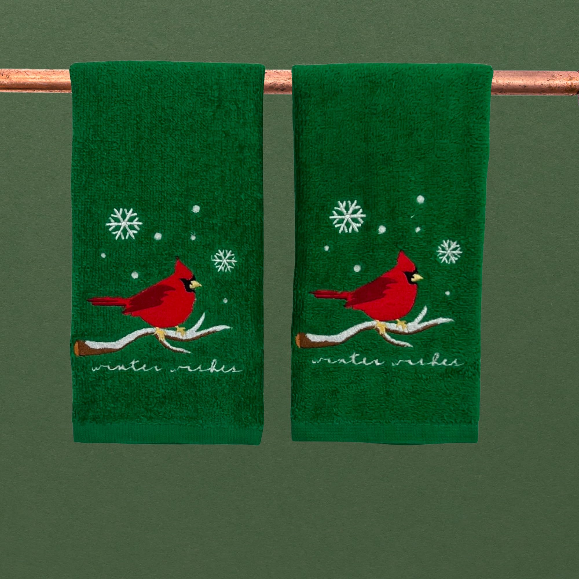 Green Christmas Fingertip Bath Towels, Embroidered Red Cardinal On Branch, 2 Piece Set, 12 X 18 Inches, 100% Luxury Cotton, Fest