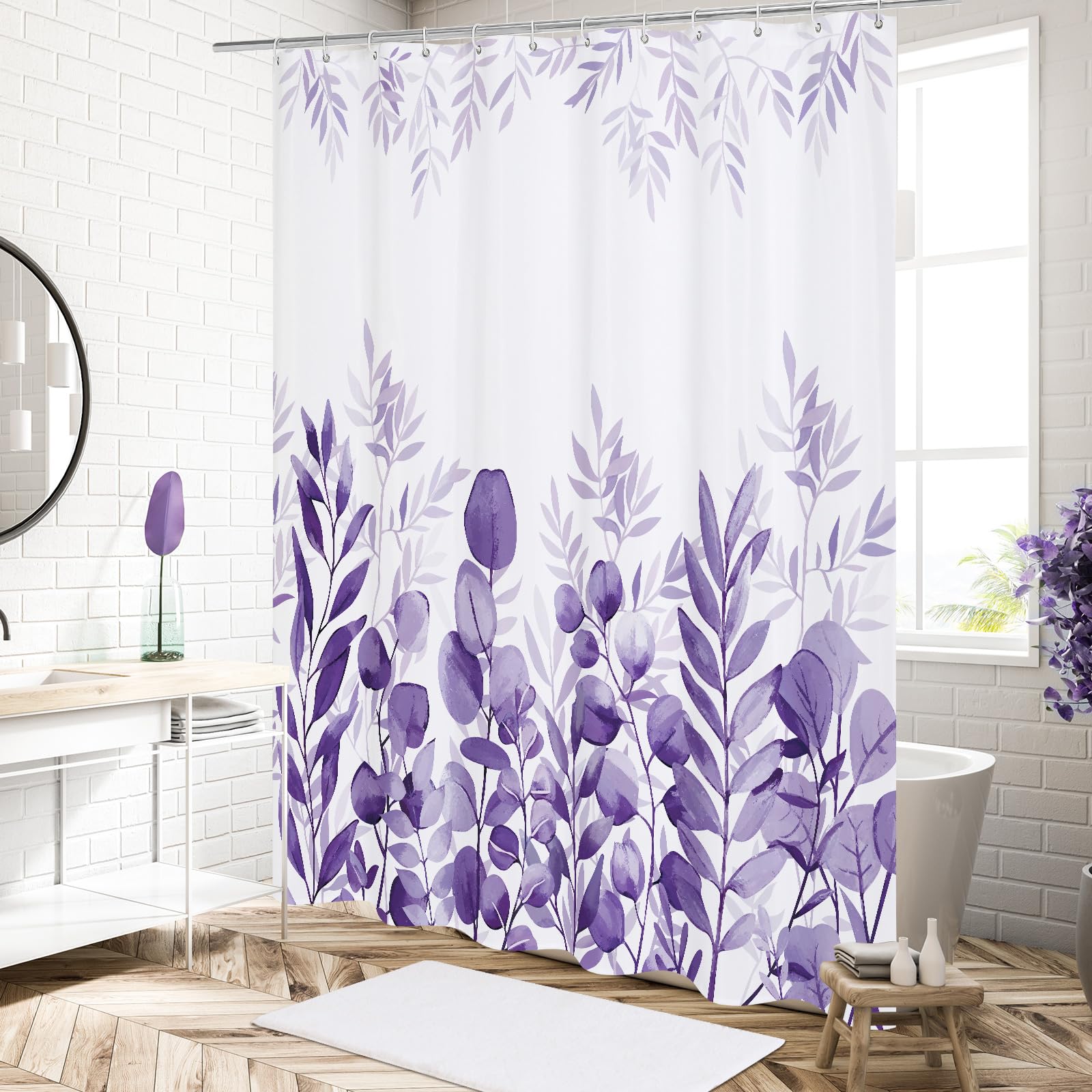 Mitovilla Purple Eucalyptus Shower Curtain, Plant Leaves Fabric Cloth Shower Curtains For Rustic Vintage Bathroom Decor, Modern