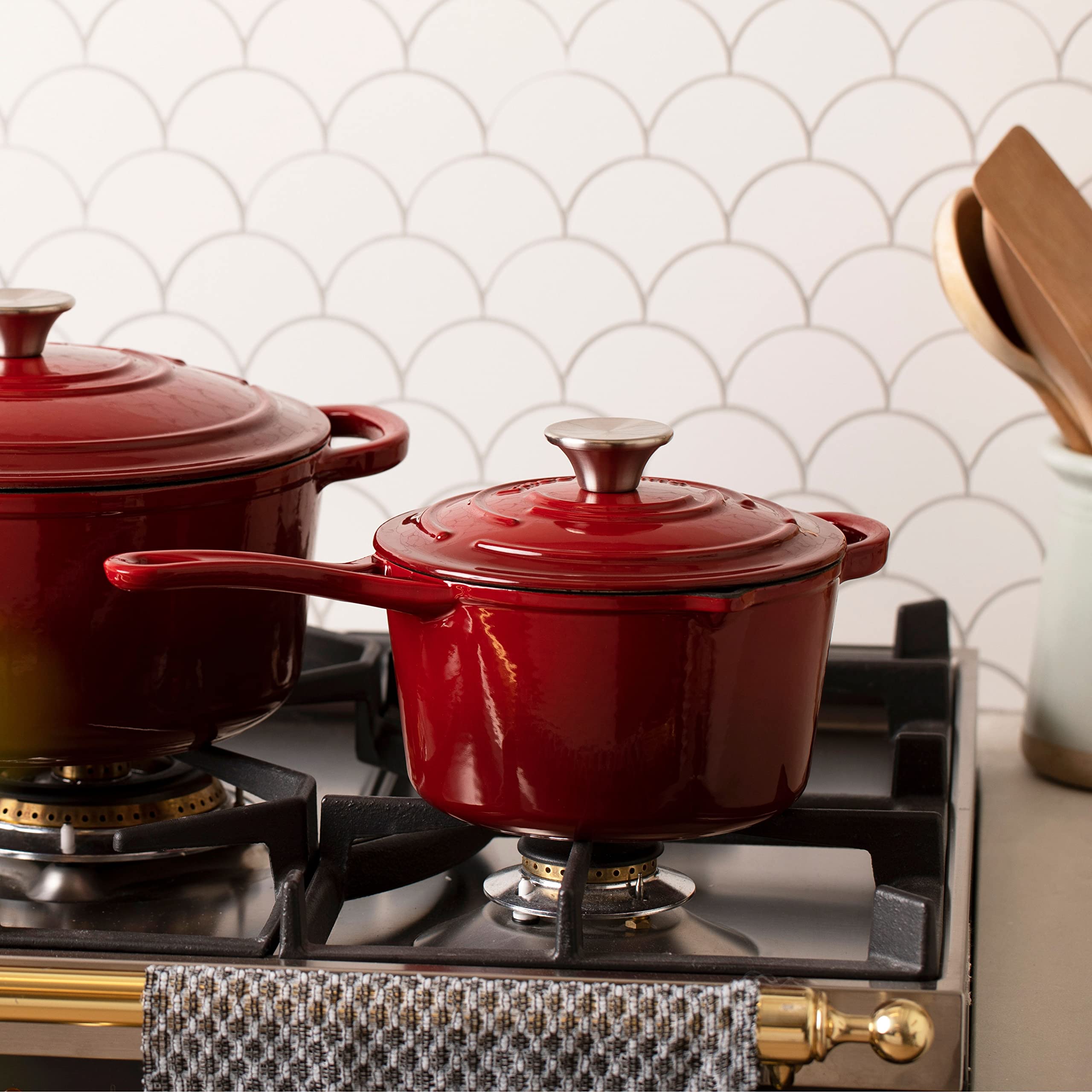 Larder & Vine 2.2 Quart Enameled Cast Iron Saucepan With Lid, Cast Iron Pan With Pour Spouts, Ergonomic Handle, Helper Handle, S