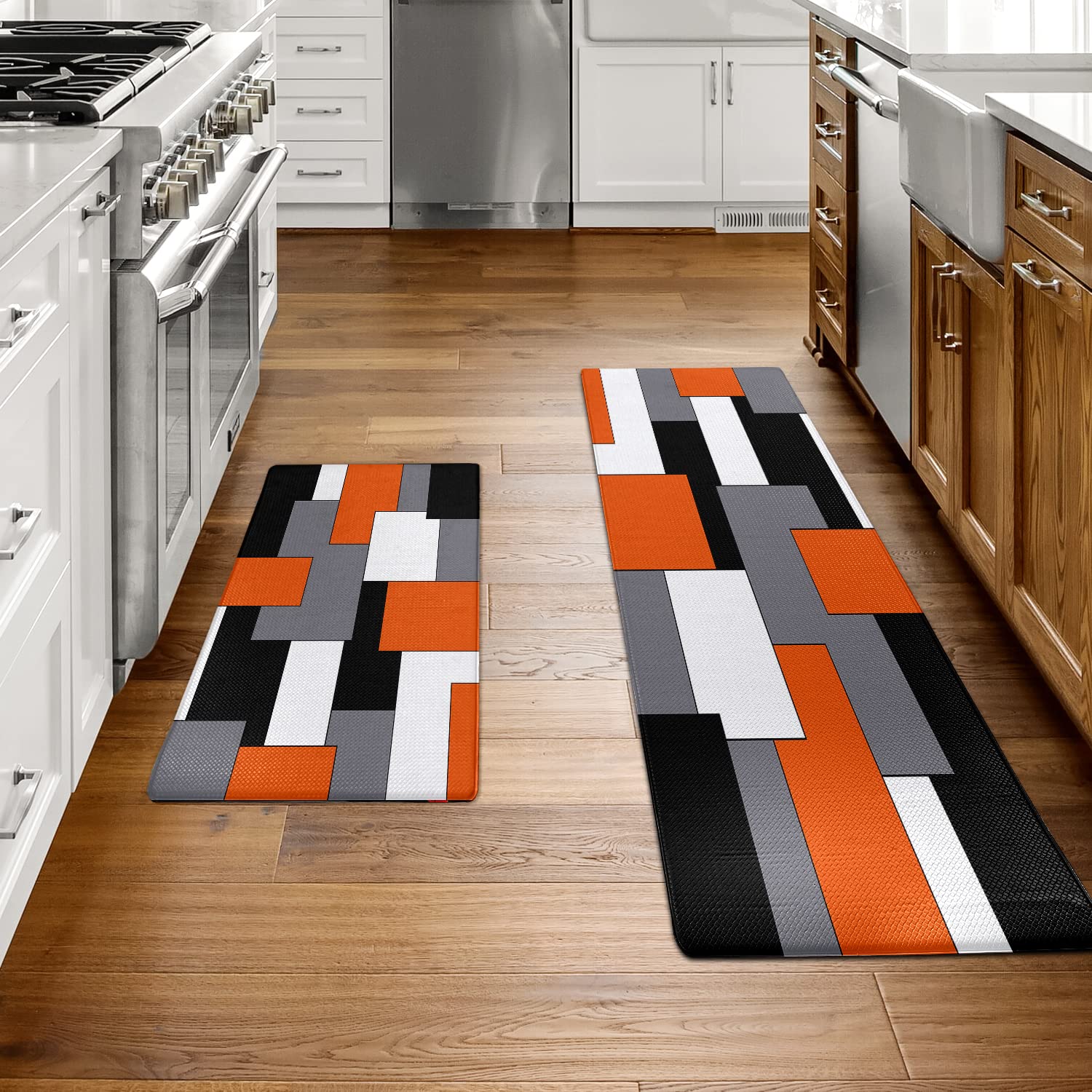 Orange Black Grey White Kitchen Rugs and Mats Set of 2 Cushioned Anti Fatigue Kitchen Rugs Set Geometric Non-Skid Washable Kitchen Mats for Kitchen Sink Laundry (Orange Grey  17.5''x29.5''+17.5''x47'')
