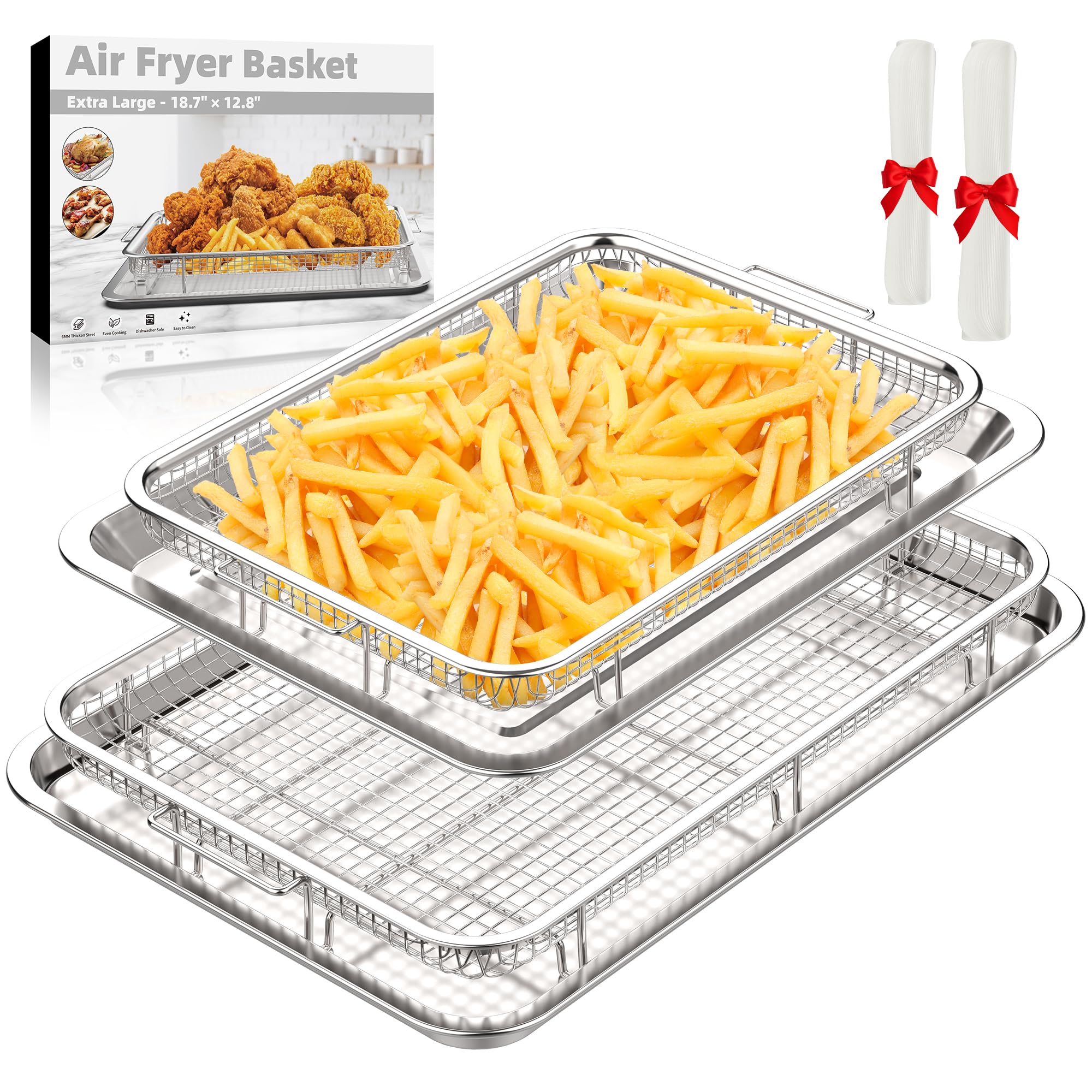 Air Fryer Basket, 2 Set Air Fryer Pans And Tray For Oven With 60 Pcs Parchment Papers, Demaxia Non-Stick Stainless Steel Oven Ai