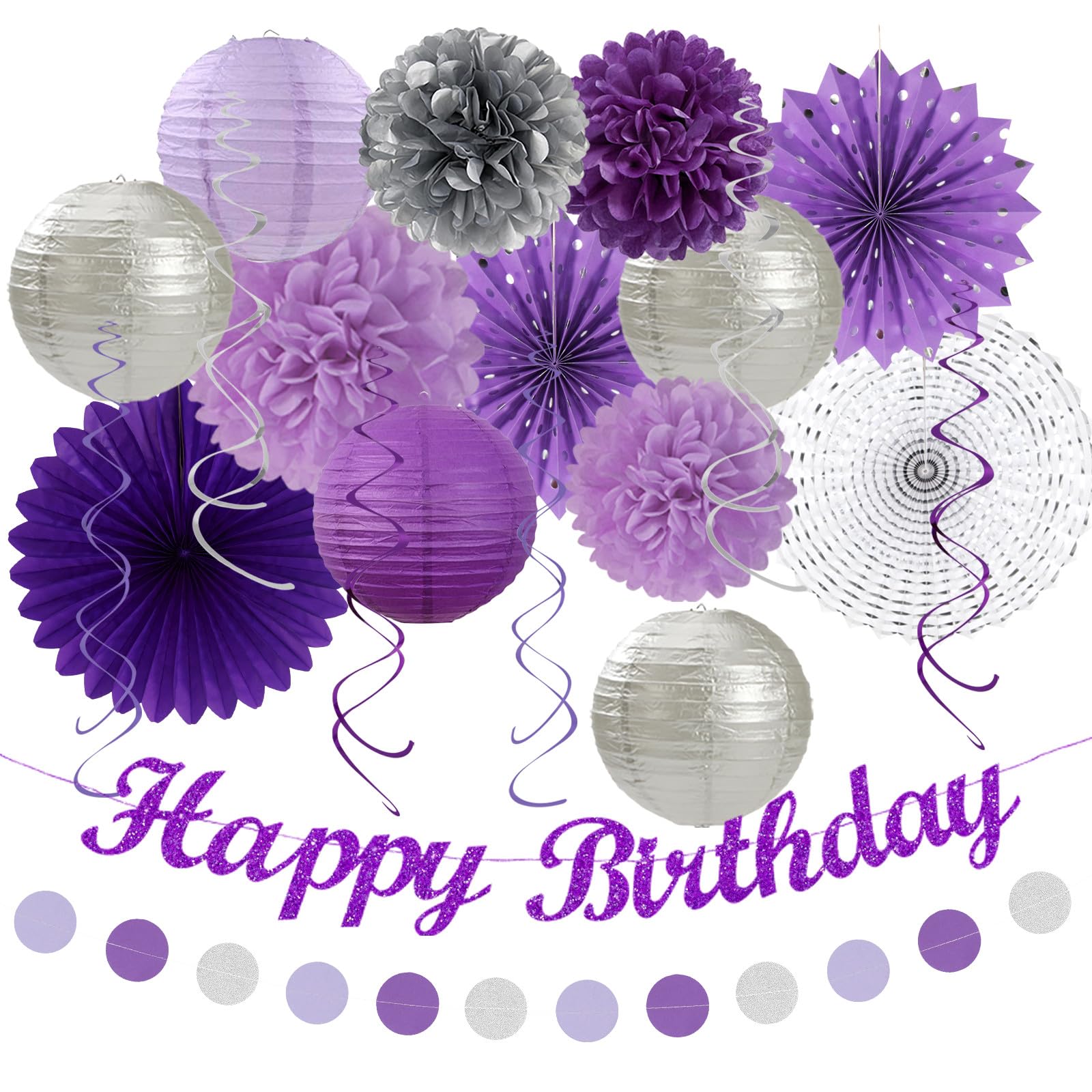 Purple Lilac-Lavender Silver Women Birthday Party-Decorations - 21Pc Happy Banner,Paper Lanterns Streamers,Tissue Pom Poms Honey