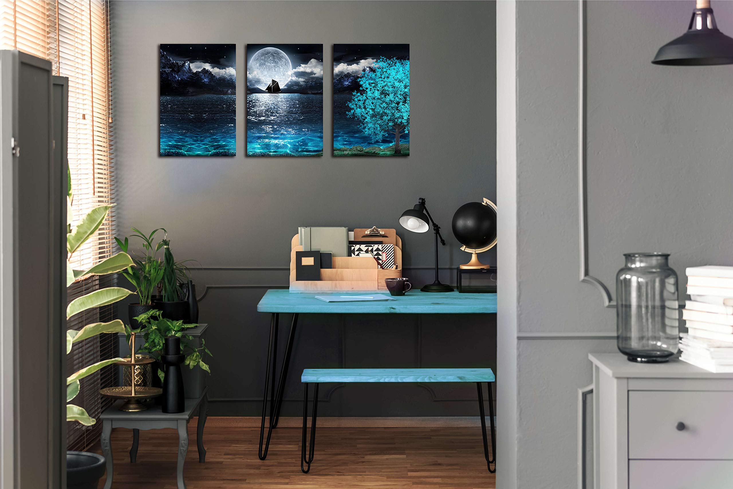 Moon Wall-Art - Teal Ocean Modern Decor Wall Decor For Living Room - Wall Art For Bedroom On Canvas Framed Size 12X16 Inches X3