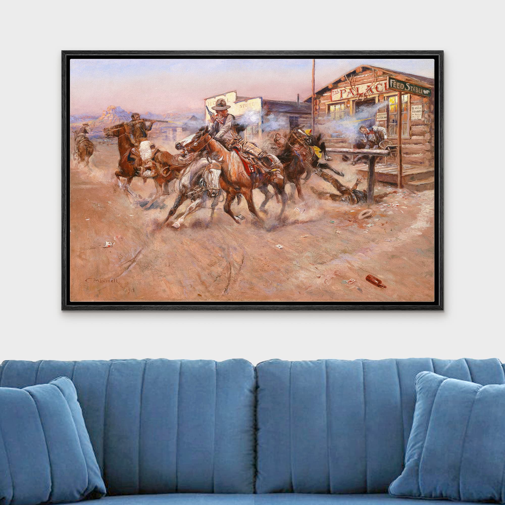 Wall26 - Smoke By Charles Marion Russell - Framed Canvas Print Wall Art Famous Painting Reproduction - 24''X36'' Black