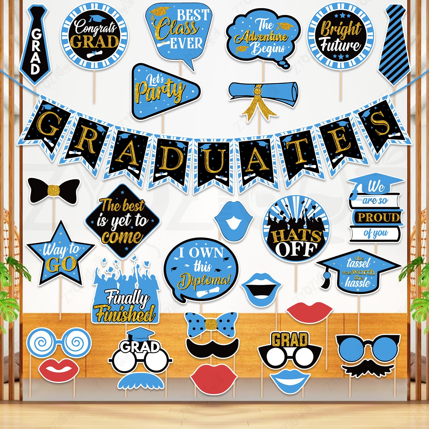 Zyozique Graduation Party Decorations Item, Blue & Golden Theme, Photo Booth Props with Graduates Paper Banner, Decoration for G
