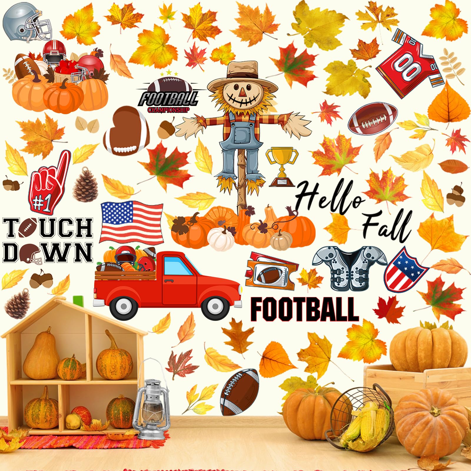 Fullhawl 6 Sheet Thanksgiving Wall Decals Thanksgiving Pumpkin Maple Leaf Truck Wall Decals Fall Football Stickers for Fall Foot