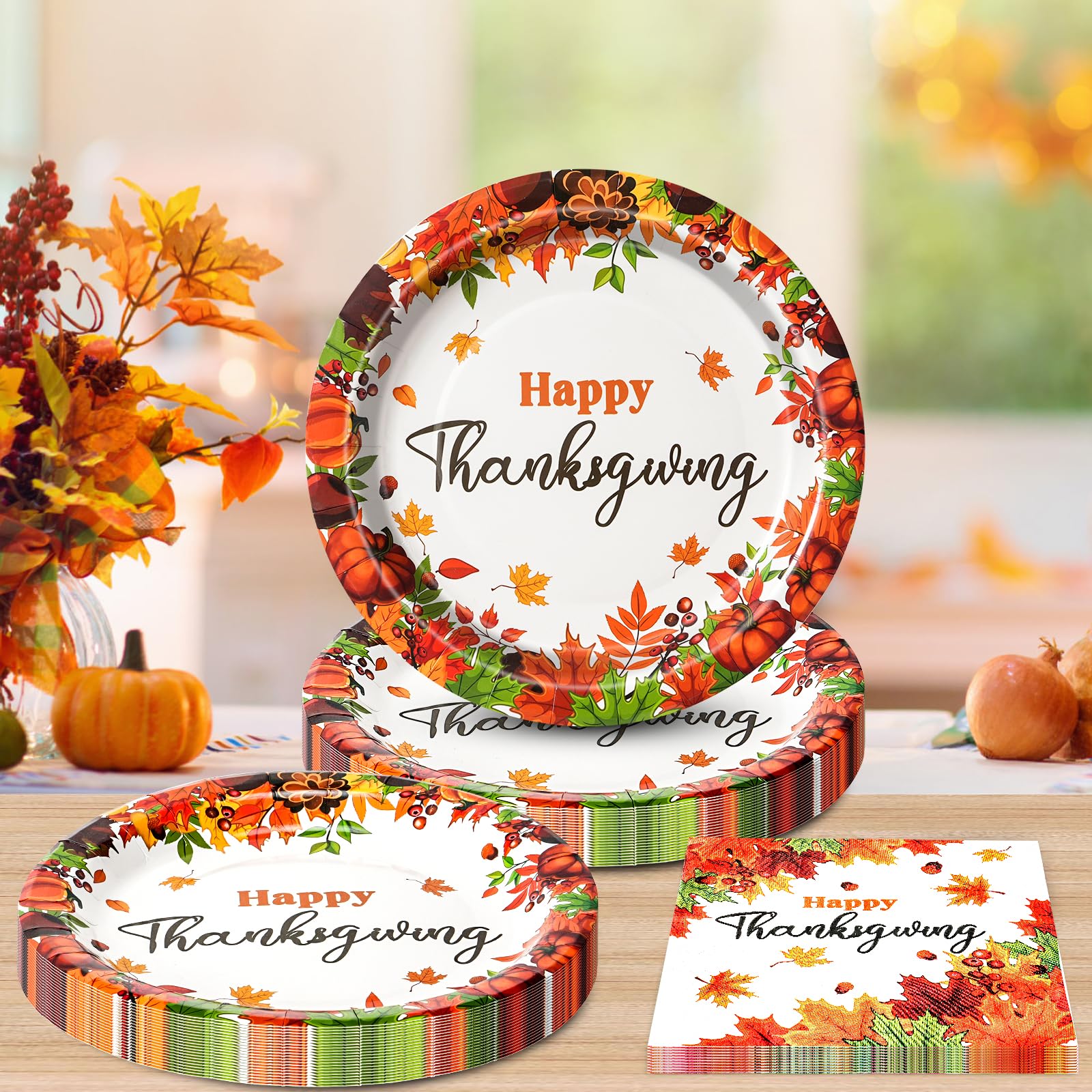 Dereinwo 50Pcs Thanksgiving Paper Plates and Napkins Disposable paper plates for Thanksgiving Party Supplies