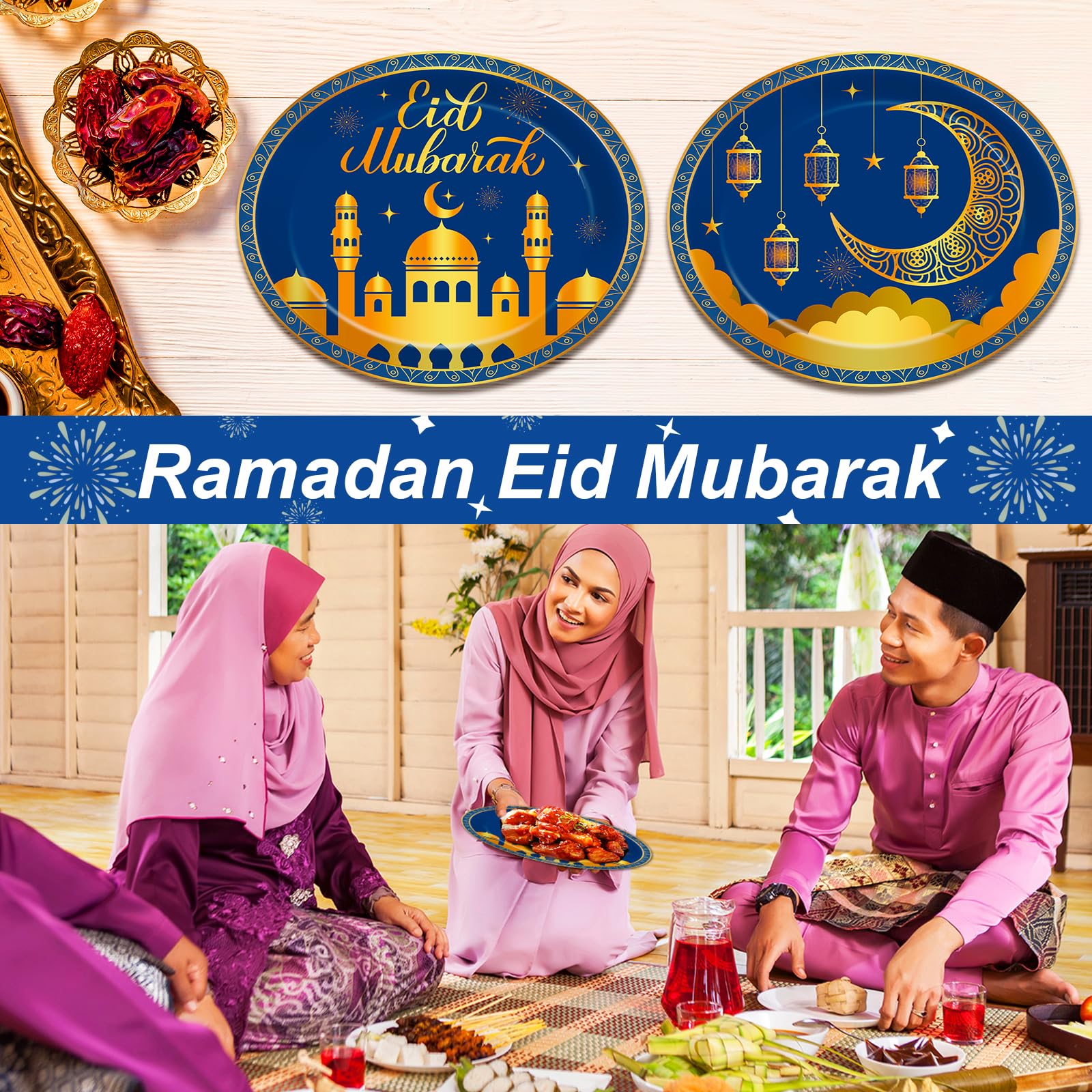 Qyeahkj 50 Pcs Ramadan Oval Paper Plates Large 11    Disposable Eid Mubarak Party Decorations Muslim Islamic Moon Star Supplies