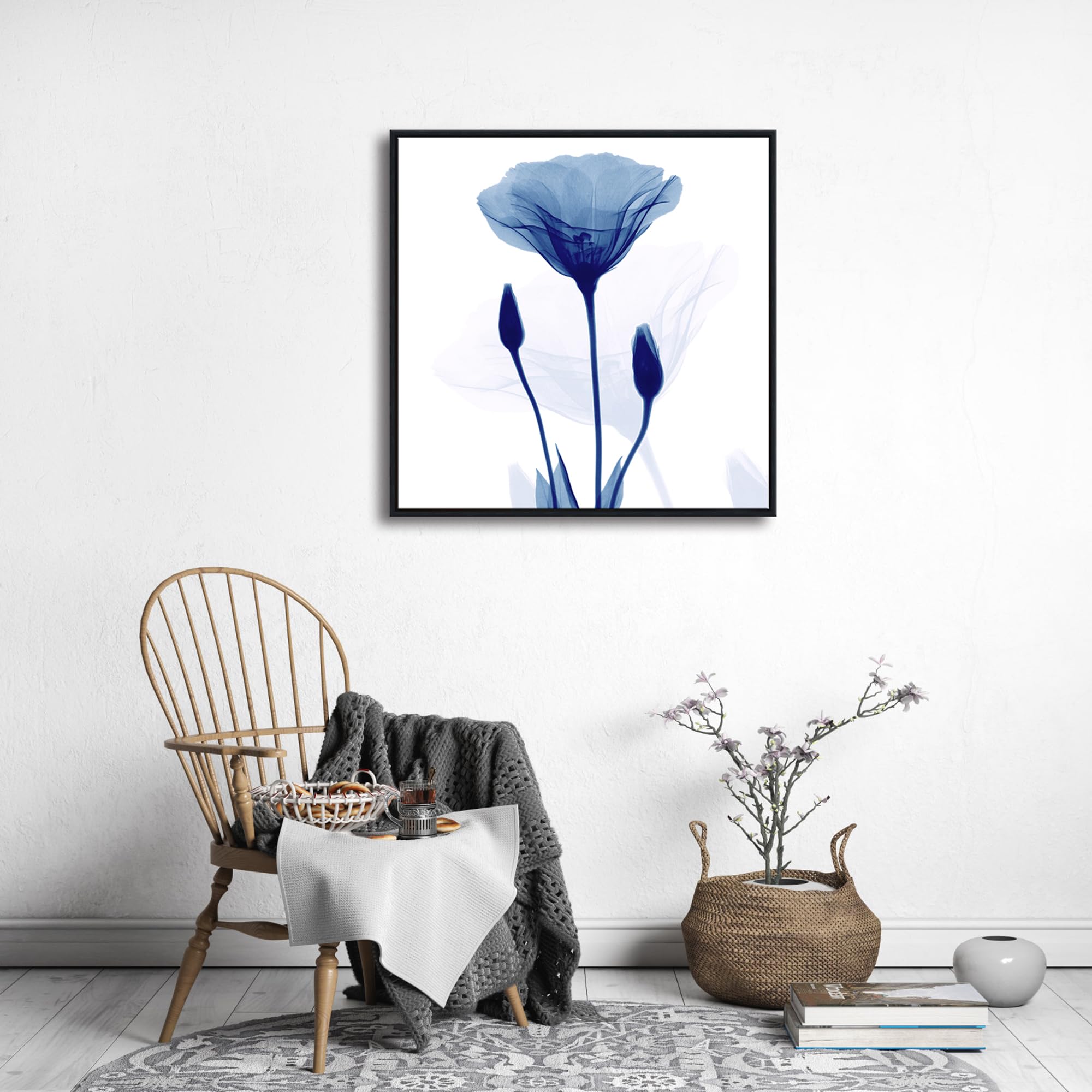 Pyradecor Large Black Framed Abstract Blue Flickering Flower Modern Paintings Canvas Wall Art Grace Floral Pictures On Canvas Pr