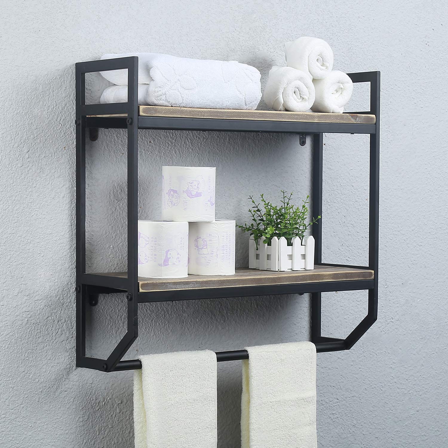 2-Tier Metal Industrial 23.6 Bathroom Shelves Wall Mounted,Rustic Wall Shelf Over Toilet,Towel Rack with Towel Bar,Utility Stora