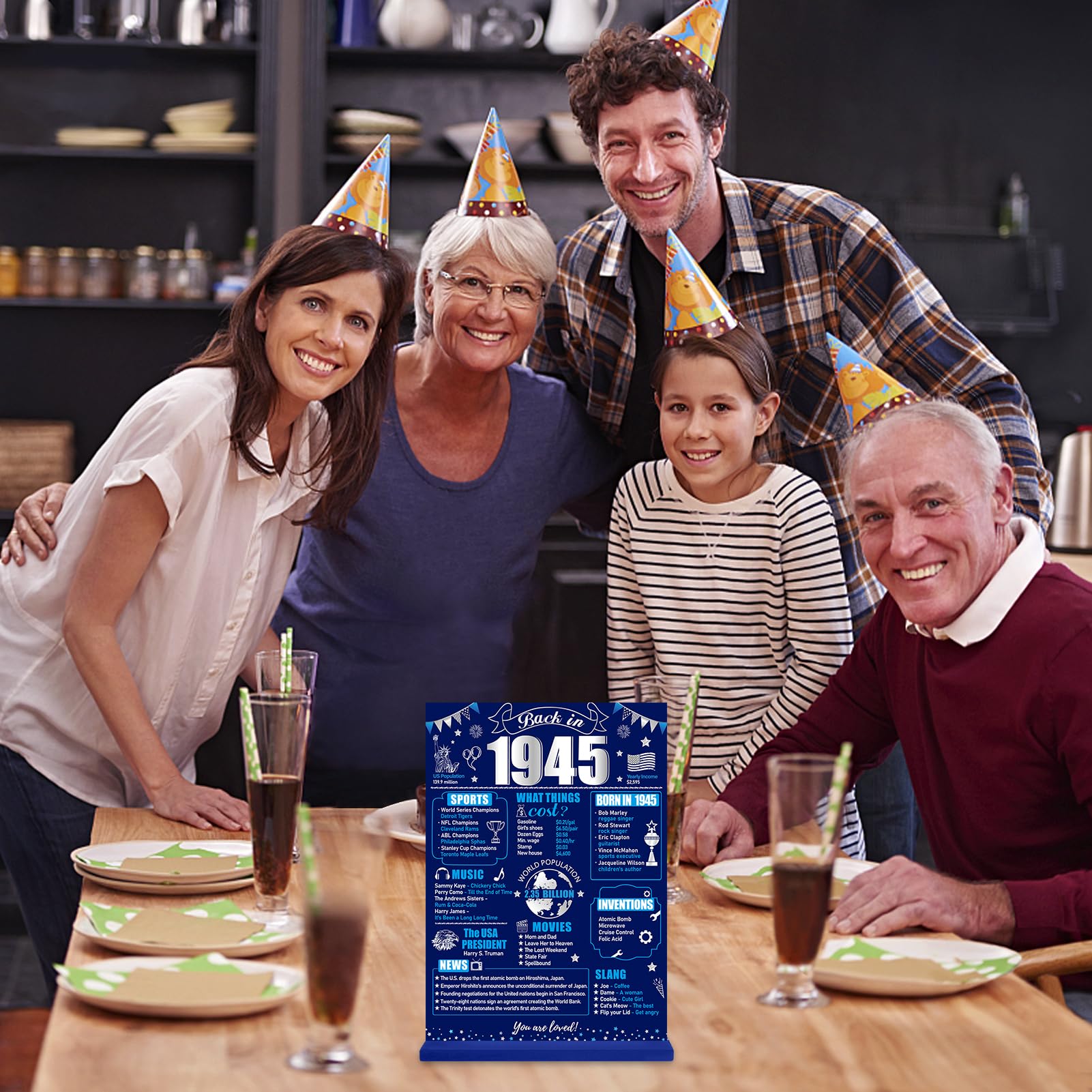 80th Birthday Decorations Back in 1945 Table Sign for Men, Blue Silver 80 Birthday Two-Sided Wooden Table Poster with Stand Part