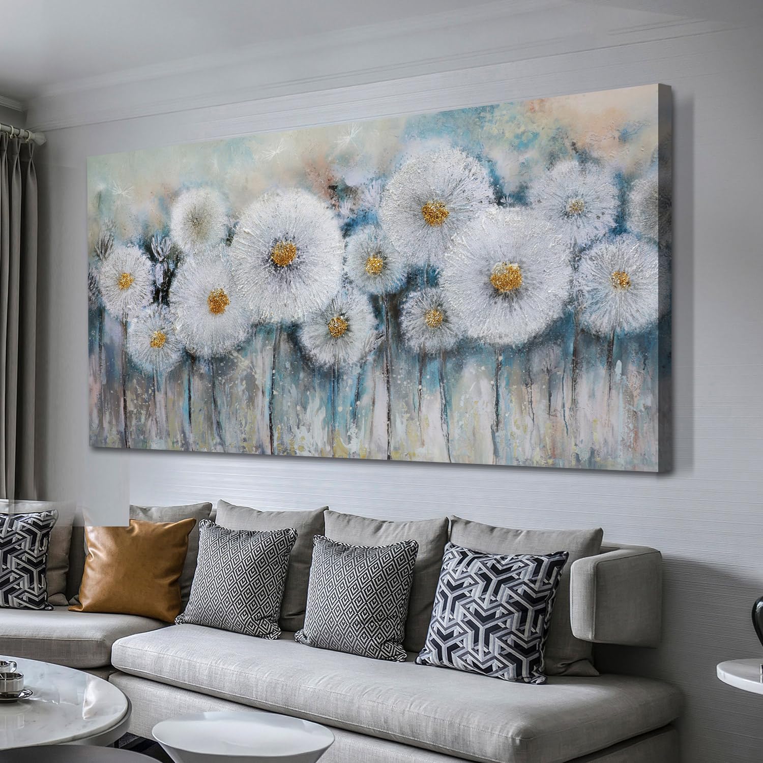 Acocifi Dandelion Painting White Flowers Abstract Canvas Textured Florals Picture, Spring Farmhouse Wall Art Print Artwork Frame
