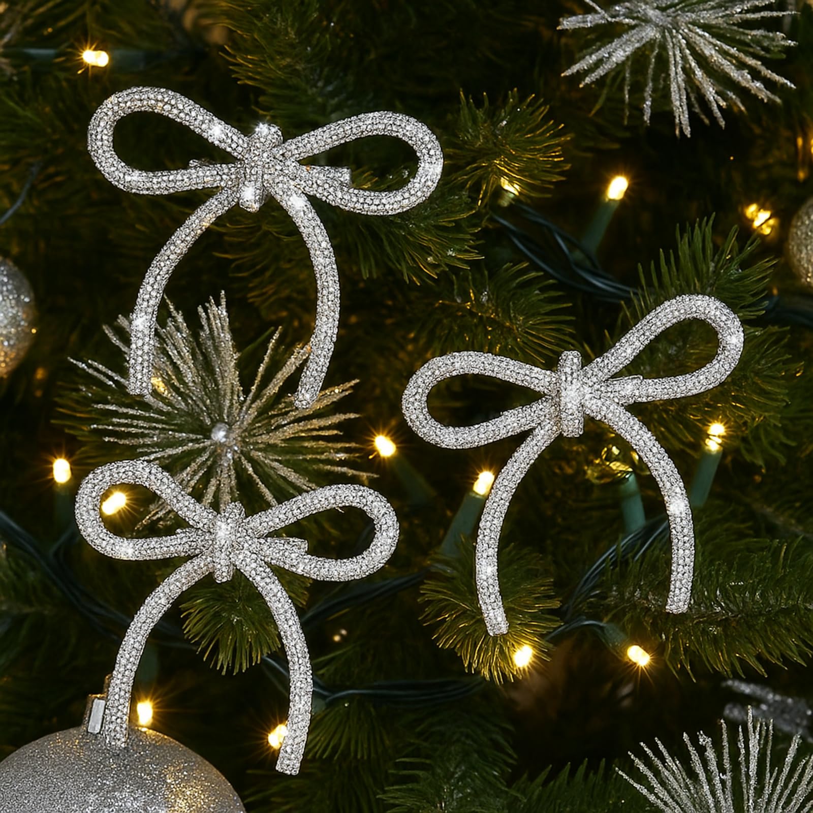 Suncalla 12 Pcs Glitter Christmas Tree Bow Clip Ornaments 4.1 x 4.5 Inch Bow Christmas Tree Wreath Decoration Xmas Hanging Ornam