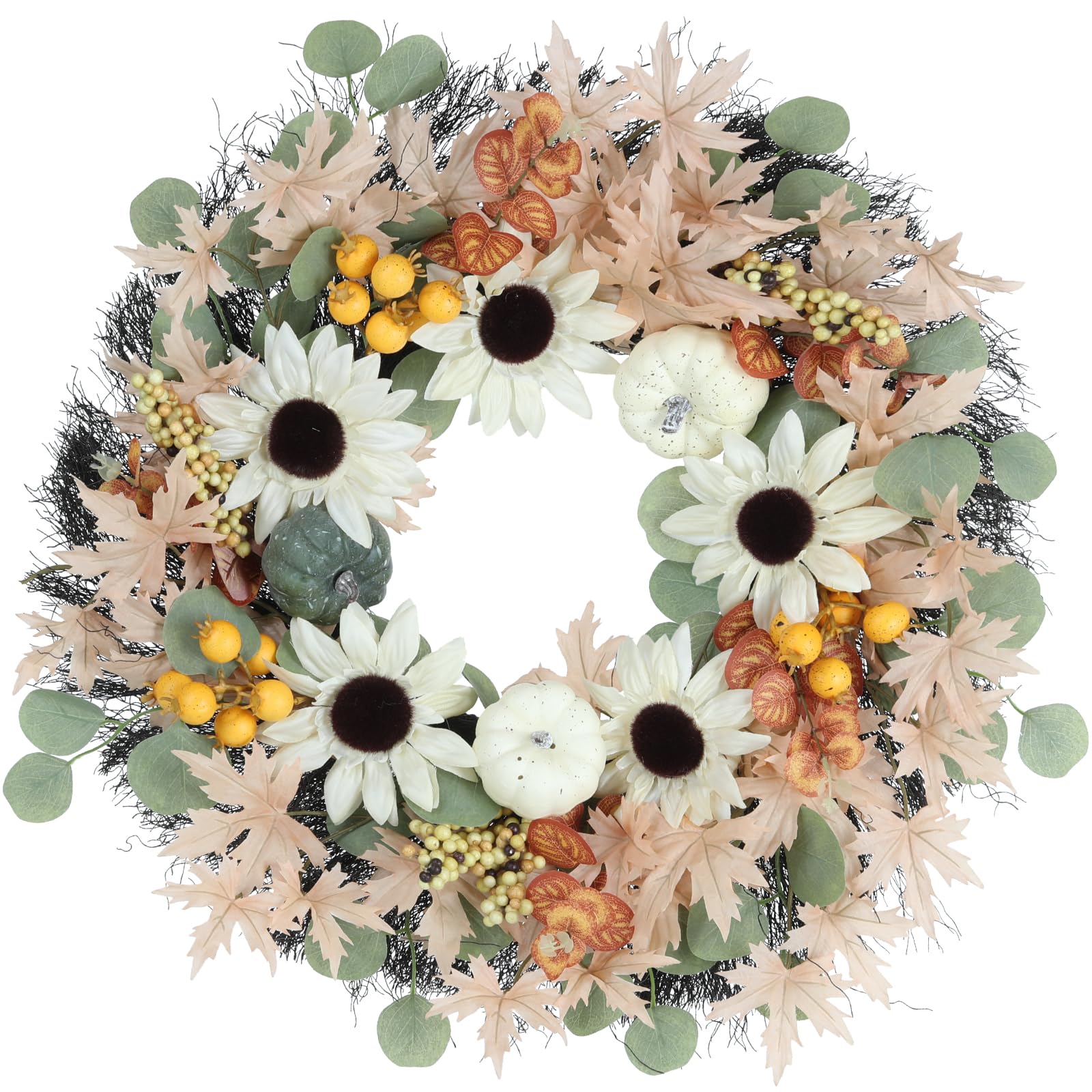 Yueyela 23inch Fall Wreaths for Front Door, Autumn Wreath with Pumpkin Sunflowers Fruits Maple and Eucalyptus Leaves, Wreaths fo