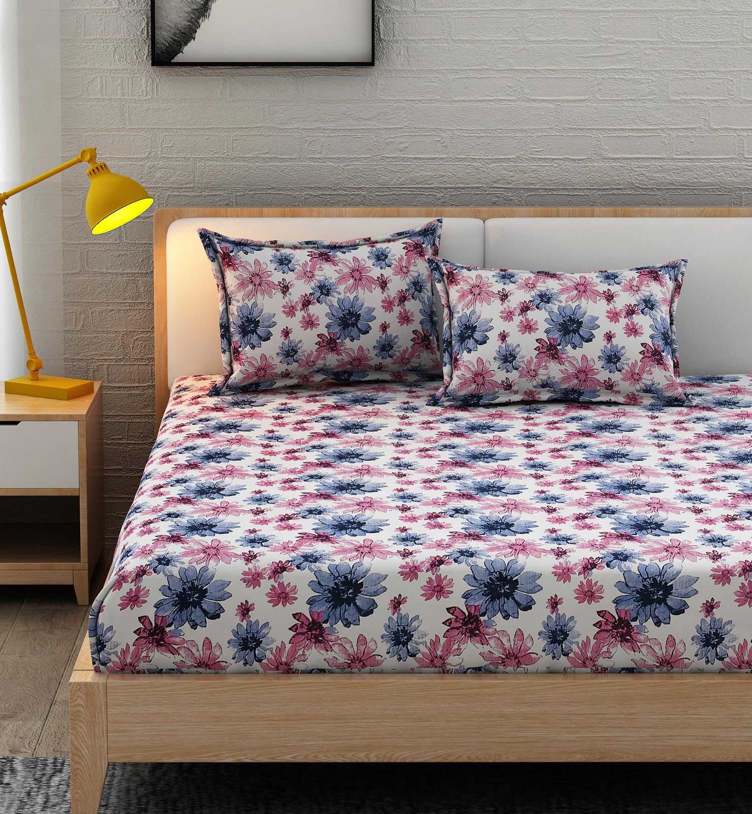 Homefab India 220 Tc Microfiber Soft Cotton Bedsheet For Double Bed With 2 Pillow Covers - (90X90 Inches) - Pink, Blue, Floral