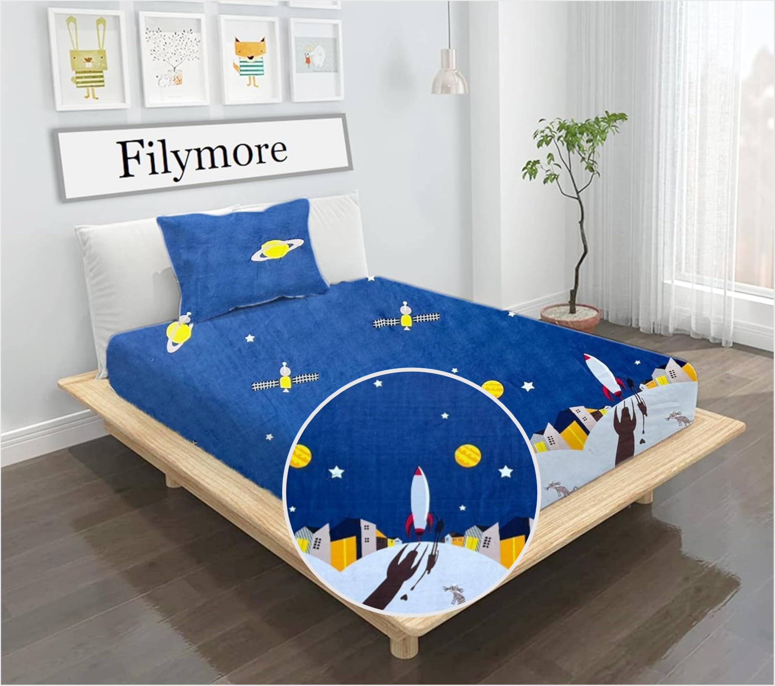 Filymore Kids Space Rocket Adventure Bedsheet Set - Microfiber (90X60 Inches) With Pillow Cover (18X28 Inches) - Blue And Yellow