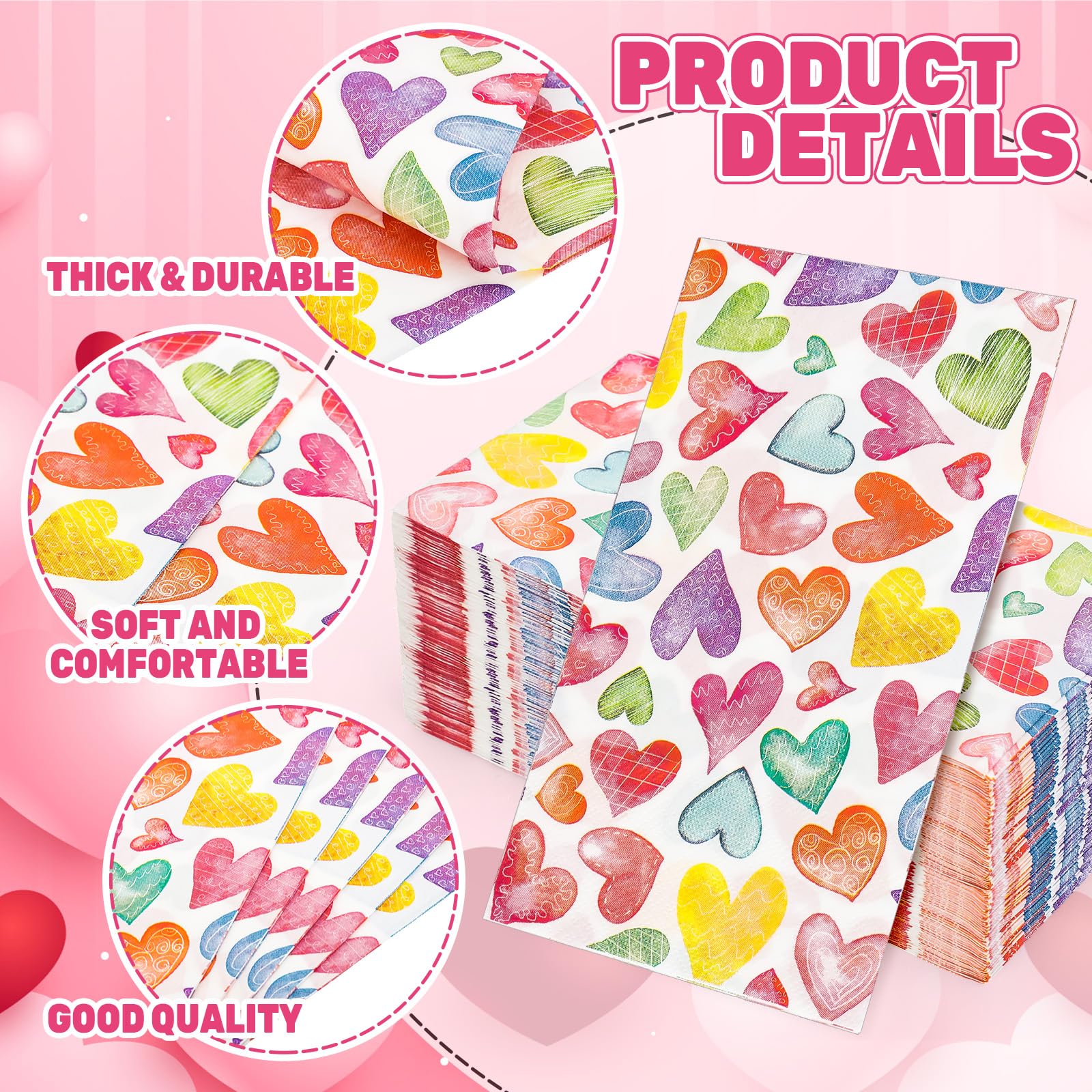 Jarthenaamcs 50Pcs Valentine'S Day Guest Napkins Colorful Love Heart Disposable Napkins Watercolor Dinner Hand Towel Paper Napki