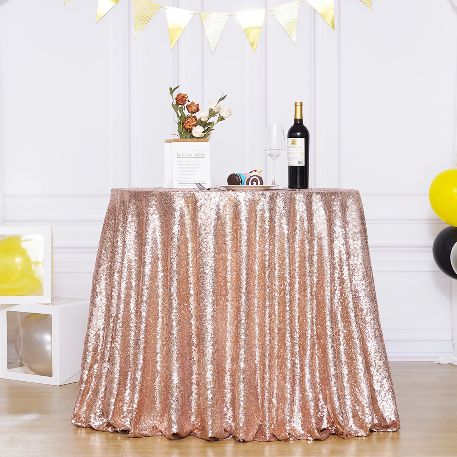 Poise3Ehome 70 Inch Round Rose Gold Sequin Tablecloth For Party Cake Dessert Table Exhibition Events
