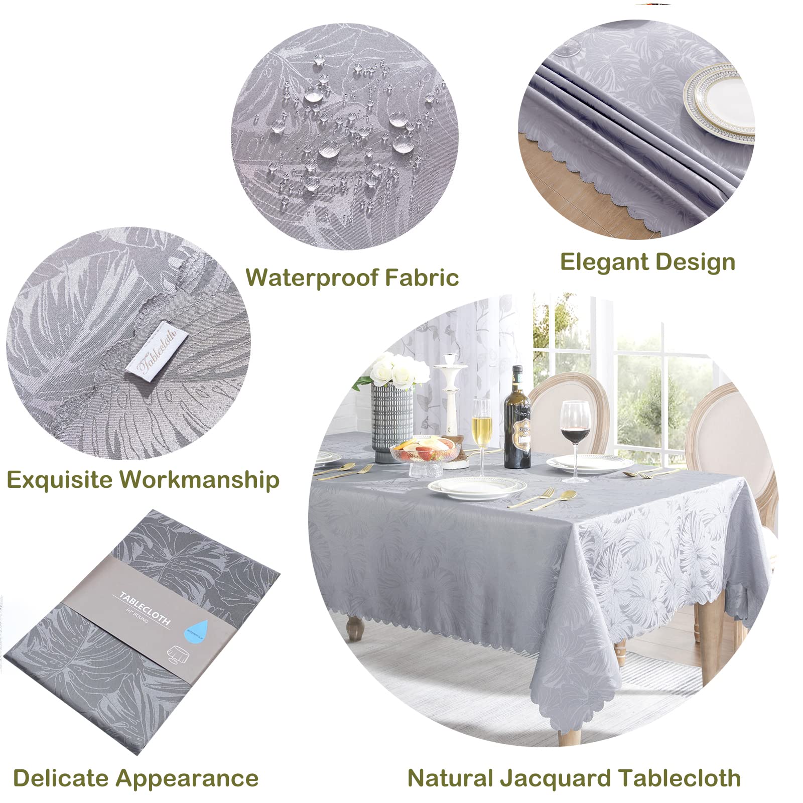 Efficinature Rectangle Tablecloths 60X102 Inch Waterproof Washable Grey Oblong Table Clothes For 6 Foot Tables Leave Pattern Sil