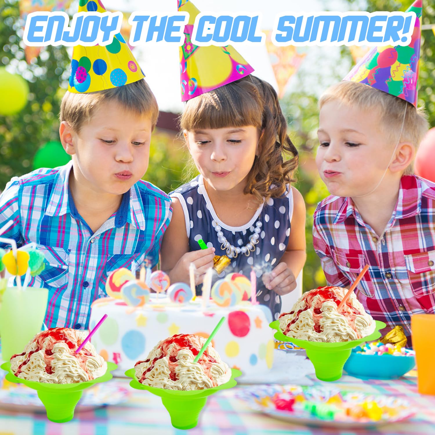 Haawooky 200Pcs 4Oz Snow Cone Cups With Spoon Straws,Flower Shaped Ice Cream Snacks Cup,Colorful Reusable Plastic Bowls Easy Gri