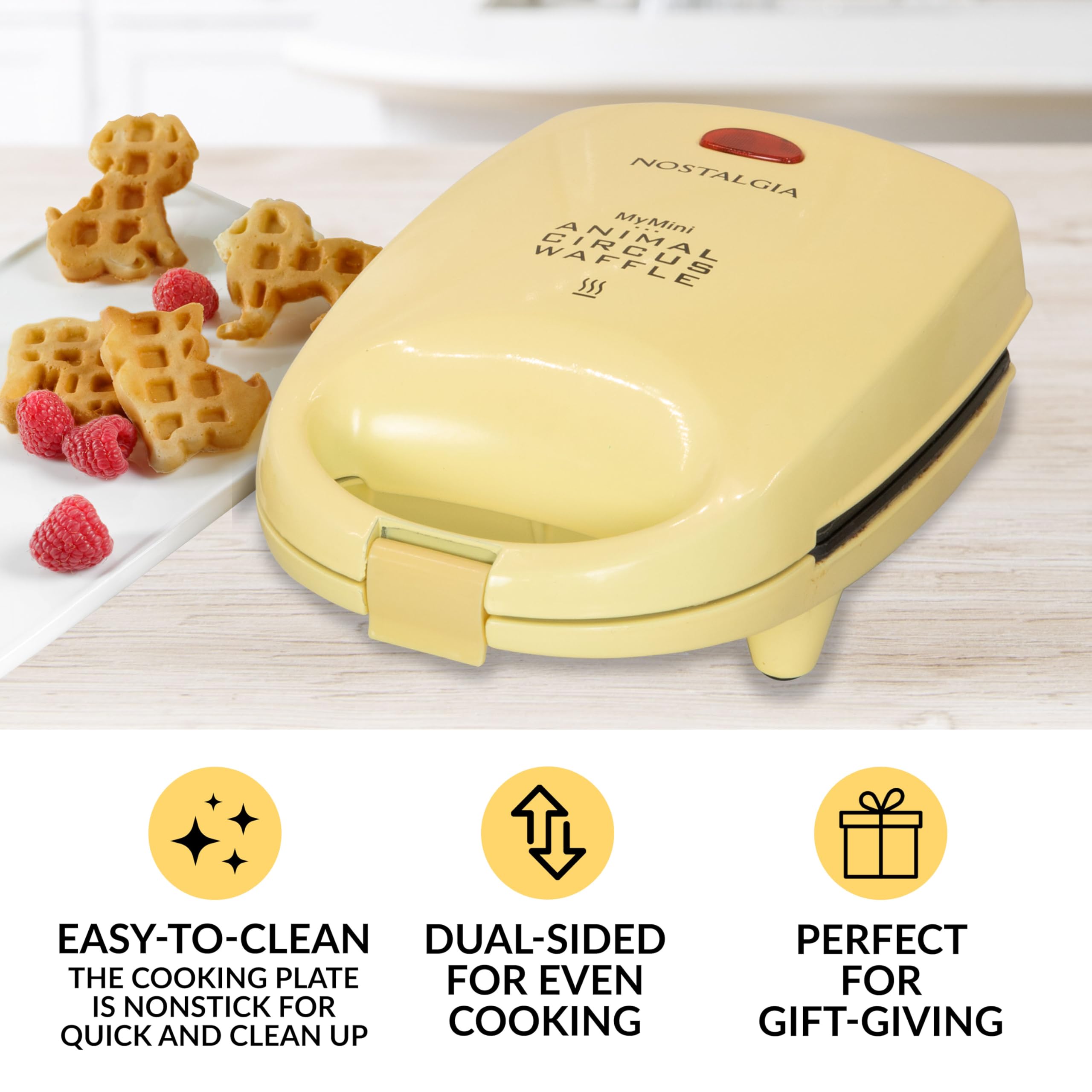 Nostalgia Mymini Personal Electric Animal Circus Waffle Maker, Waffle Iron Makes Cat, Dog, Elephant, Lion, Yellow