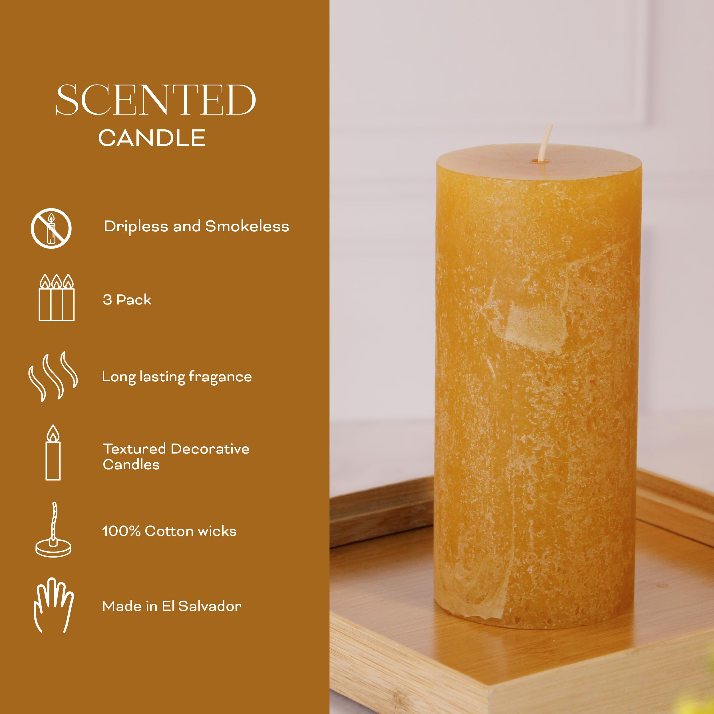 Estrella Blanca Pumpkin Pie Scented Orange Pillar Candles, 3x6 Inch Set of 3, Long Lasting Fall Candles for Home Decor, Thanksgi