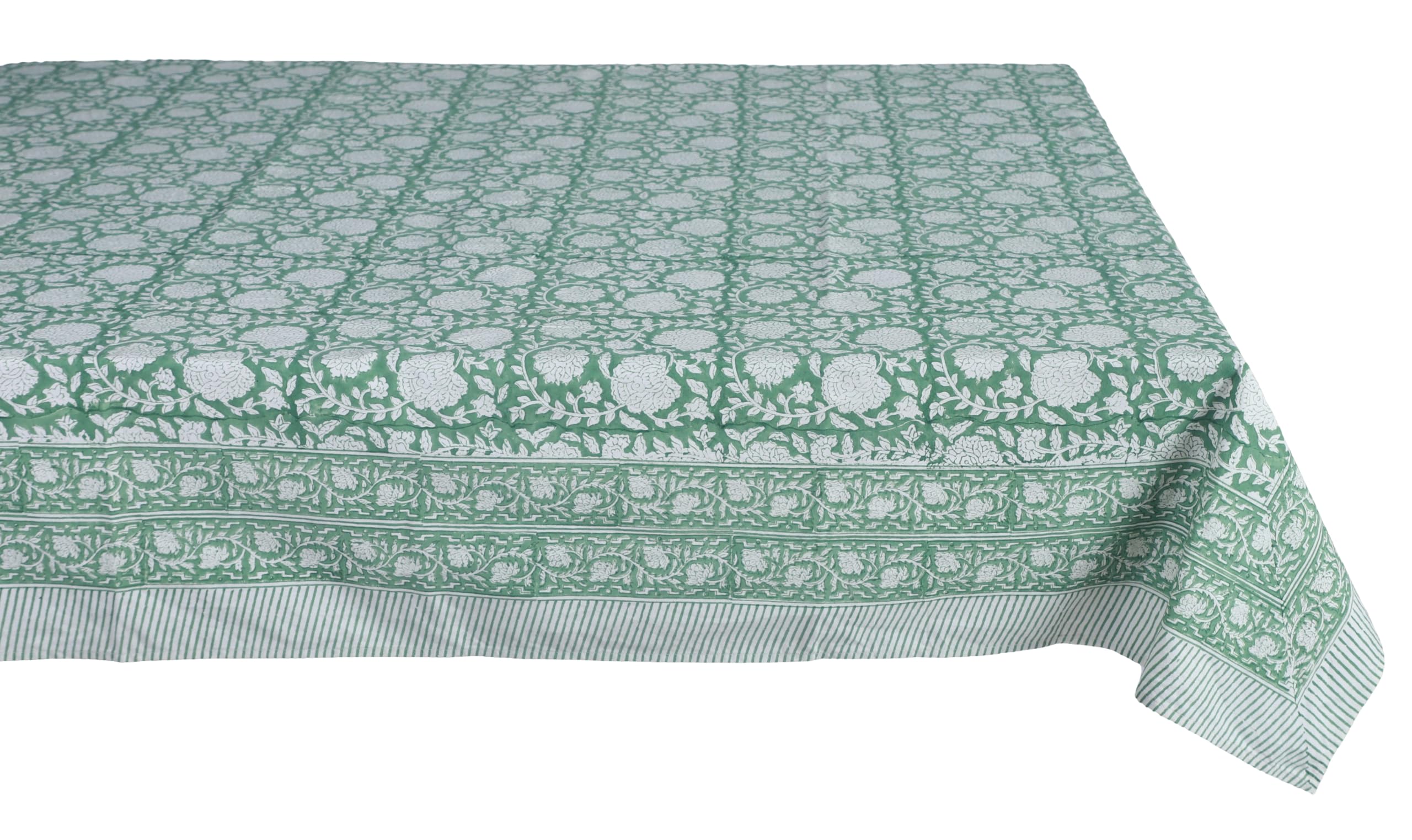 ATOSII Shalimar Green 100% Cotton Rectangle Fall Tablecloth, Handblock Floral Table Cloth Linen for Kitchen Dining I Parties Wed