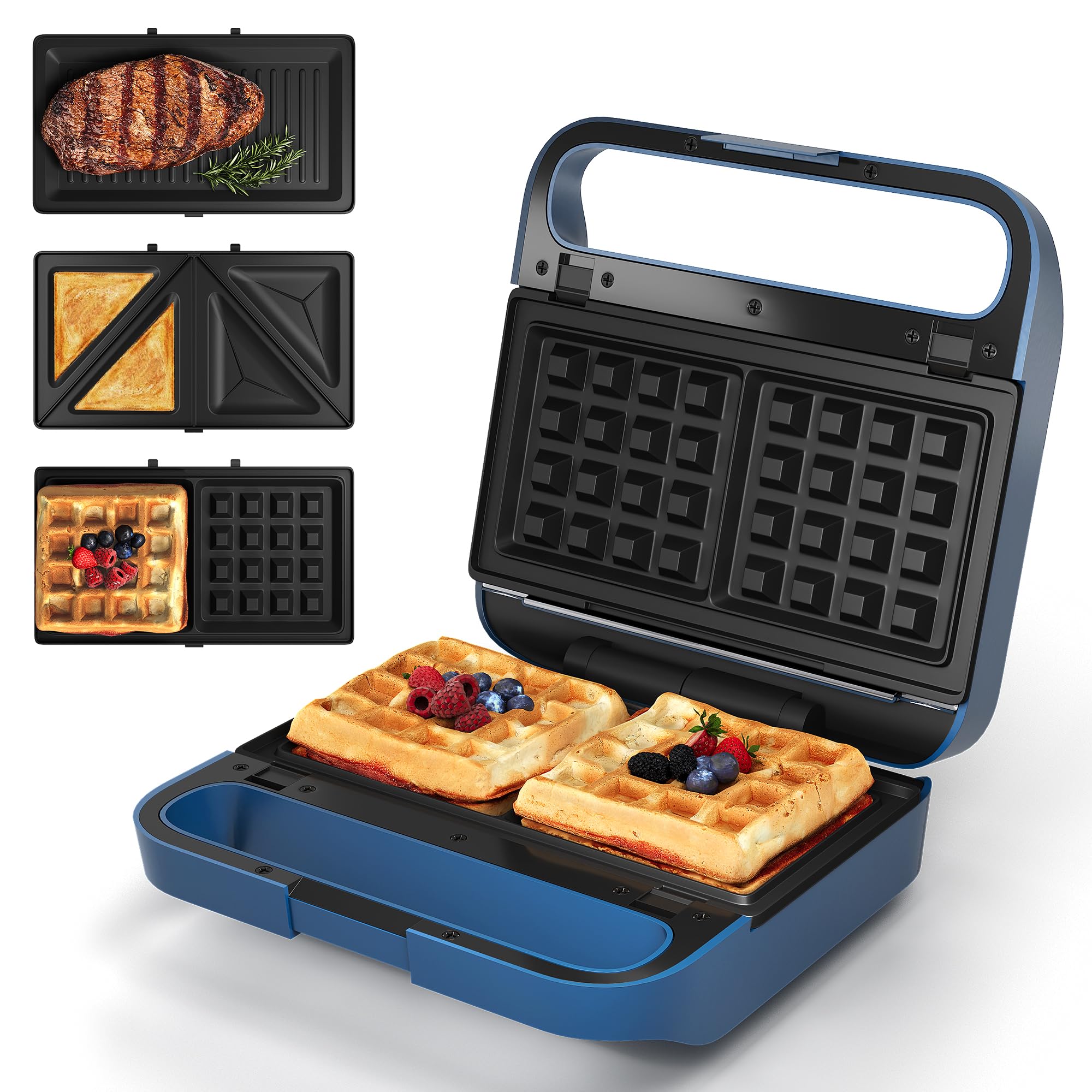 Sunvivi 3 in 1 Sandwich Maker, Electric Waffle Maker with Removable Non-stick Plates, 850W Panini Press Grill with Glass Top, Co