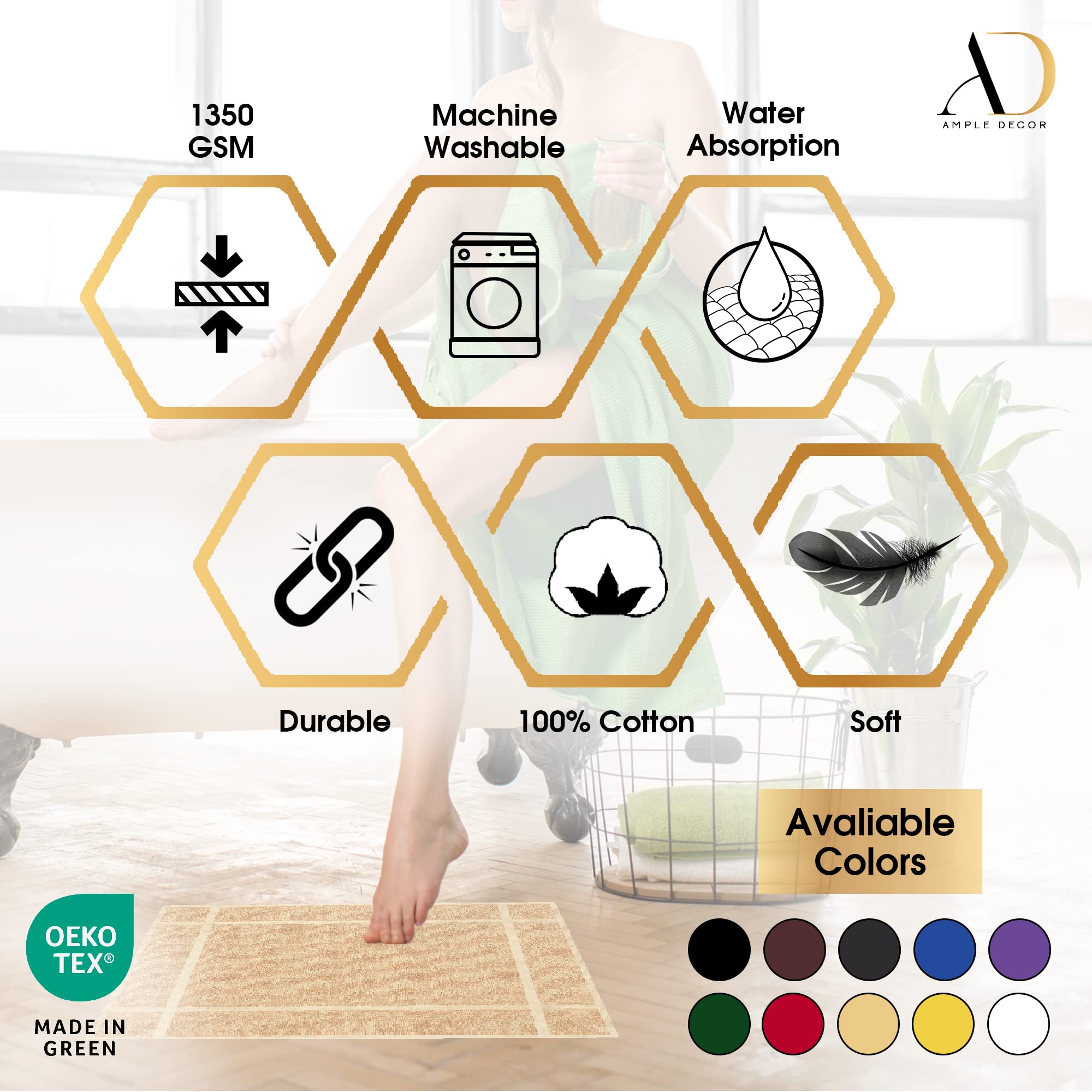 Ample Decor Cotton Bath Mats 34 X 20 Inches, 1350 Gsm Oeko Tex Certified Solid Construction Thick & Plush, For Bathroom Floor, S