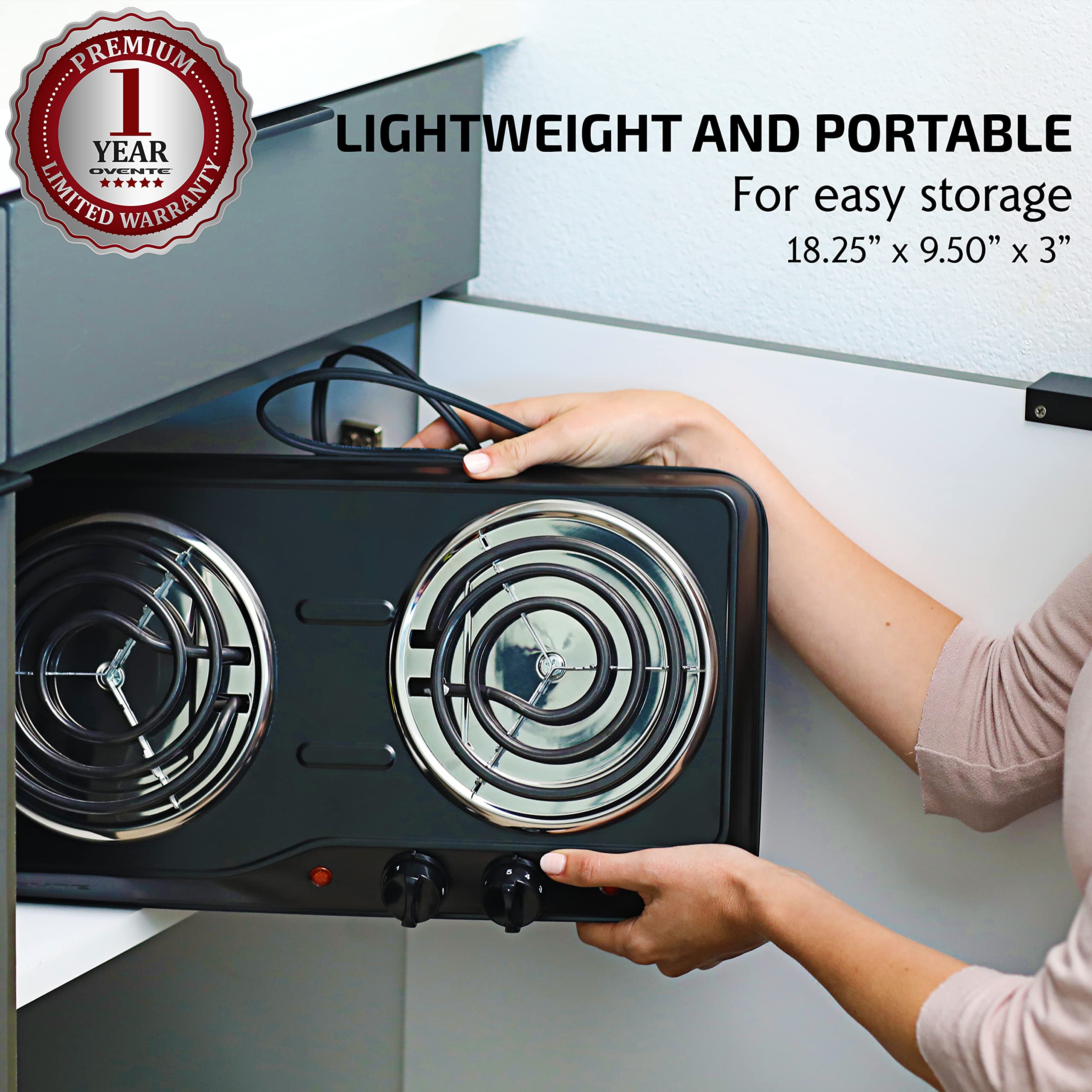 OVENTE Electric Double Burner Cooktop, 1700W, Stainless Steel Coil Plates, 5-Level Temp Control, Black BGC102B