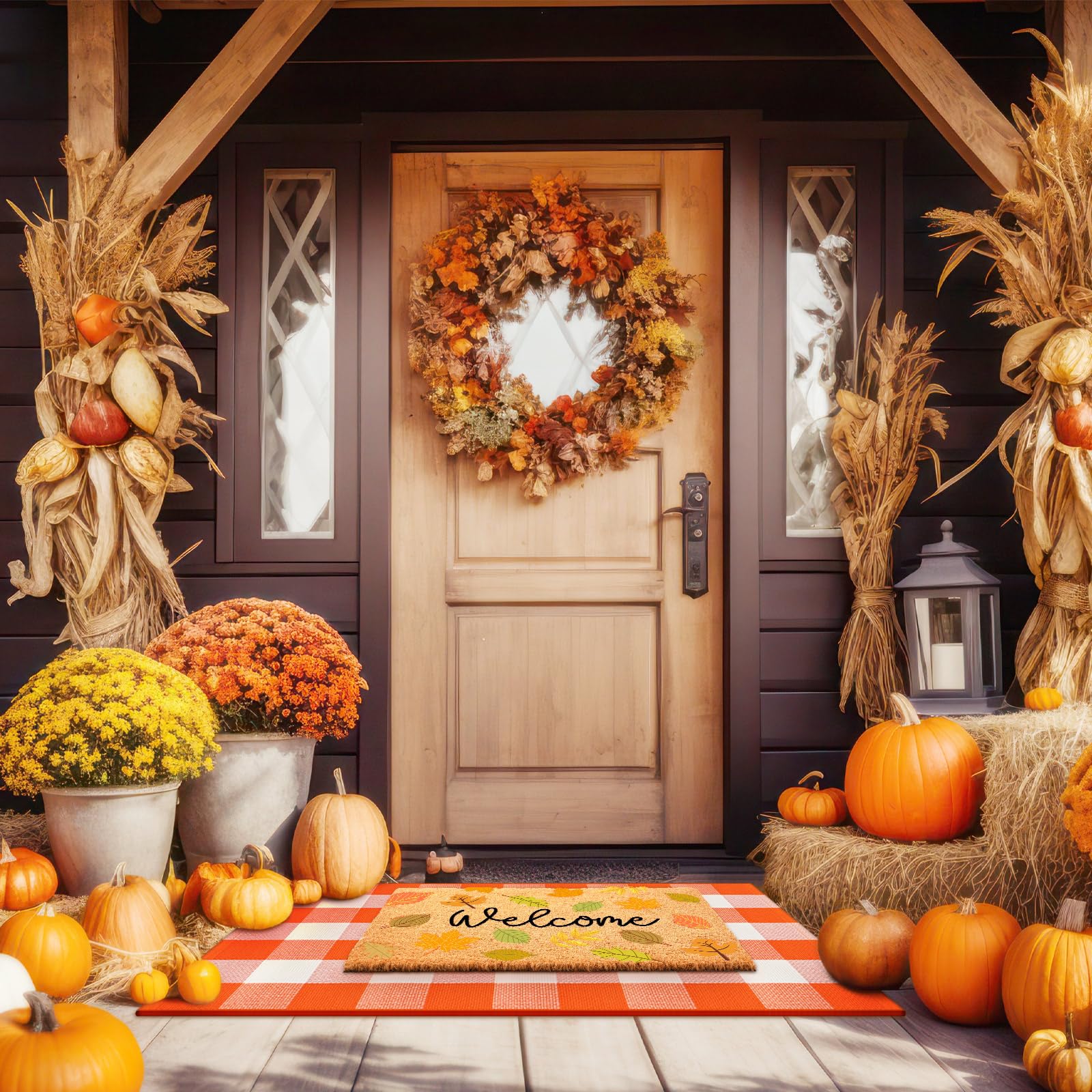 2 Pcs Thanksgiving Coir Doormat Outdoor Thanksgiving Maple Leave Welcome Outdoor Rugs for Layered Buffalo Orange White Plaid Mat