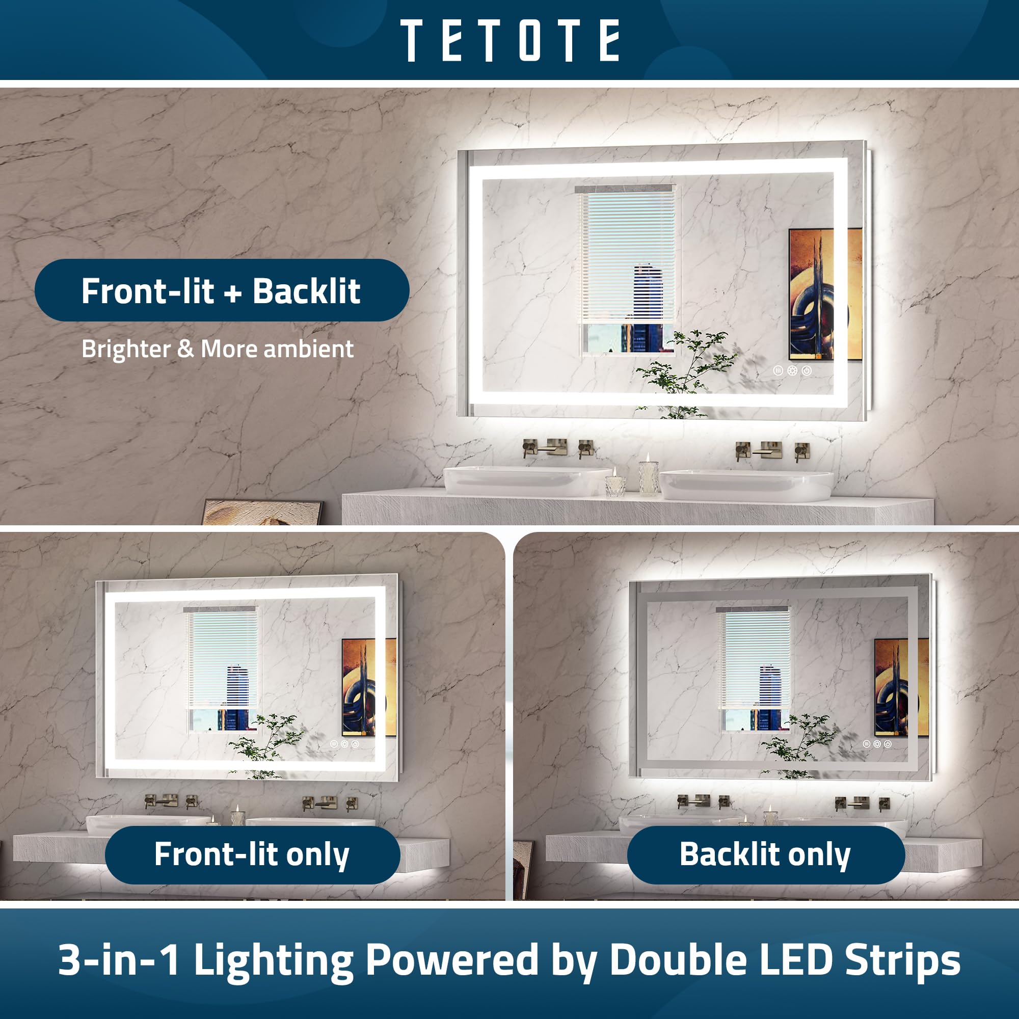 TETOTE LED Vanity Mirror 48 x 24 Lighted Bathroom Mirror Dimmable & Anti-Fog Function Makeup Mirror with Lights Bedroom LED Mirr