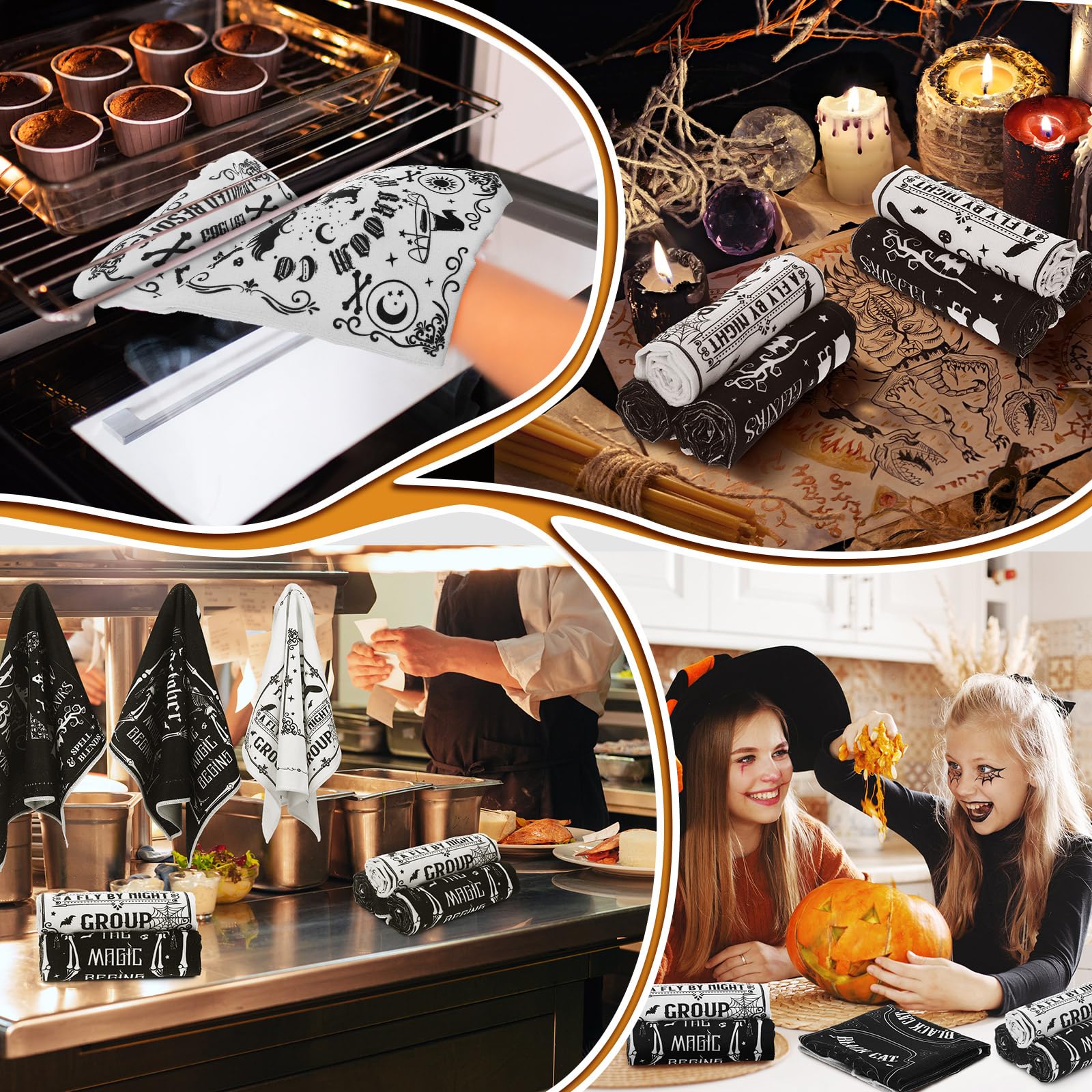 Ganeen 6 Pcs Halloween Kitchen Towels The Undead Gothic Art Dishtowels Set Halloween Skull Tea Skull Gifts Tarot Hand Towels for