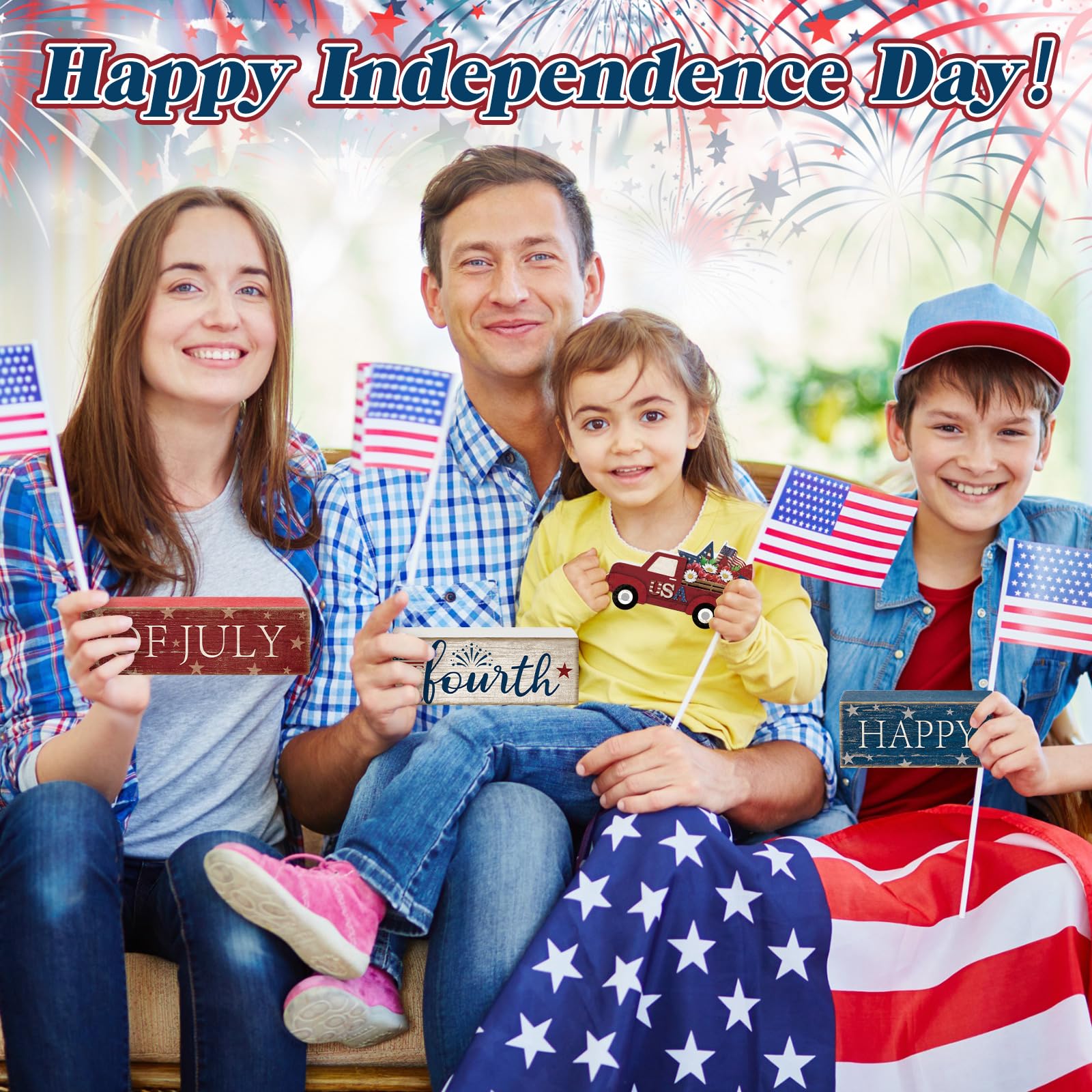 CroBlissful 4 Pcs Veterans Day Decorations Patriotic Memorial Day Tabletop Decorations Red White Blue Table Centerpieces Wood Bl