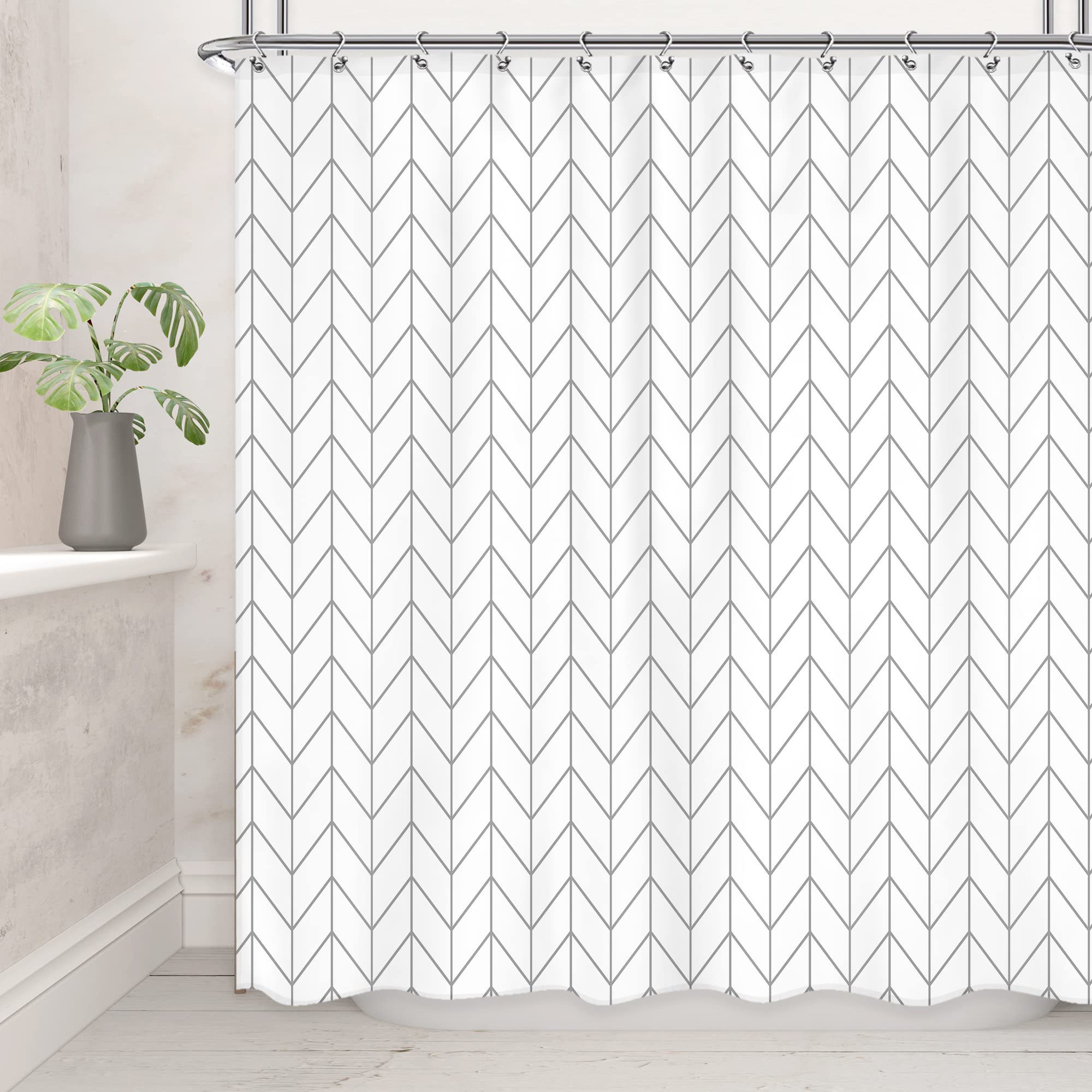 Riyidecor Geometric Chevron Neutral Shower Curtain For Bathroom White Grey Herringbone 72Wx72H Inch Striped Simple Modern Classy