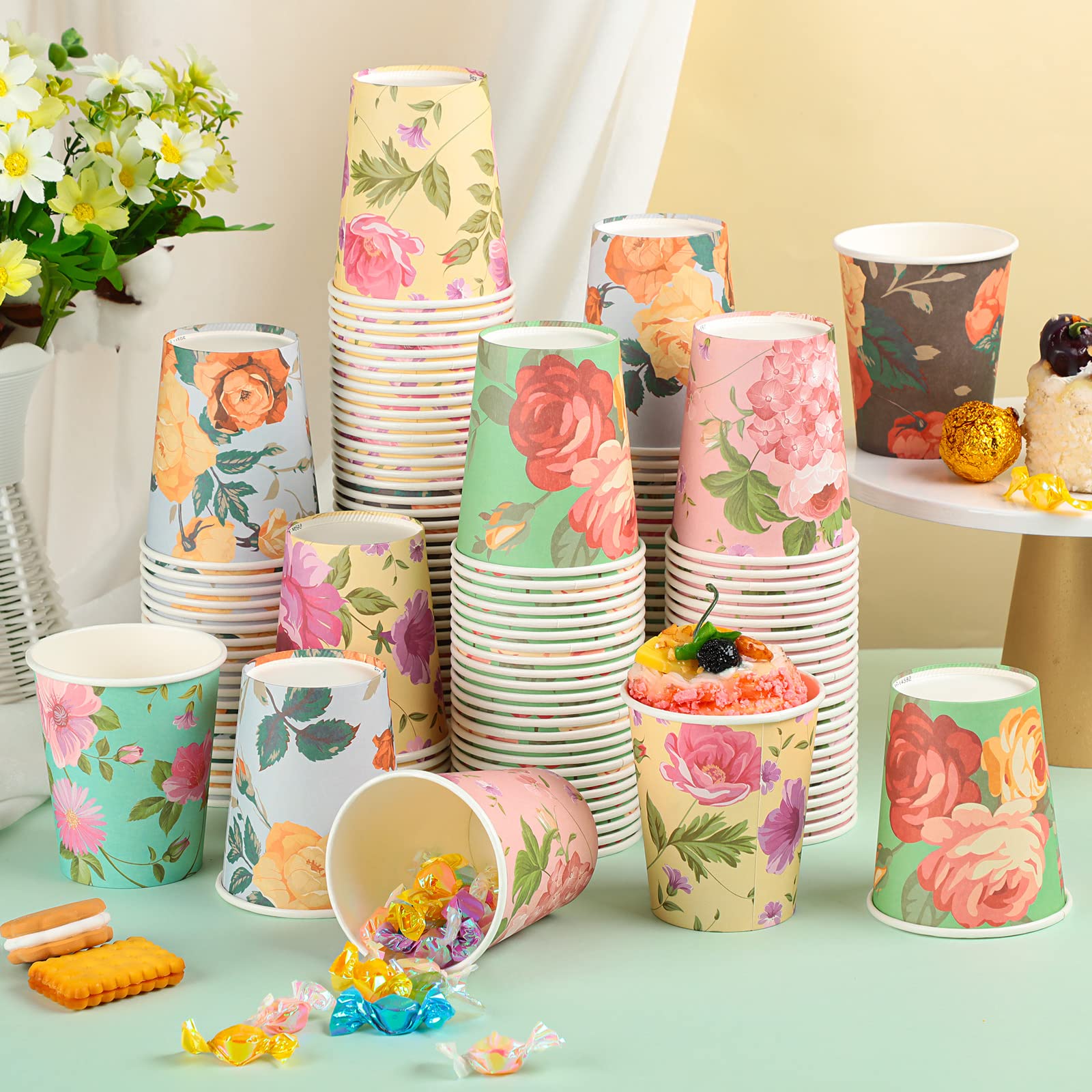 Patelai 150 Pcs Spring Floral Coffee Paper Cups Disposable Tea Cups Bulk Vintage Floral Teacups 6 Floral Design Tea Party Paper