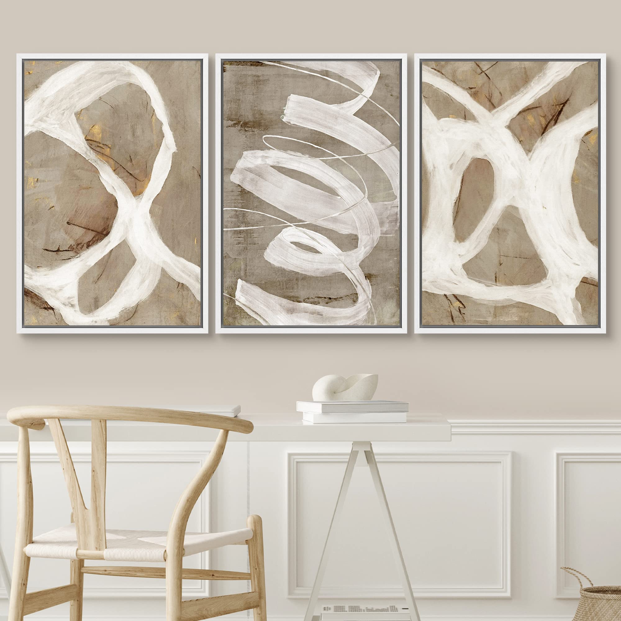 SIGNWIN Framed Canvas Print Wall Art Set White Brown Pastel Paint Strokes Shapes Abstract Illustrations Modern Art Decorative Nordic Chic Calm/Zen for Living Room  Bedroom  Office - 16''x24''x3 White