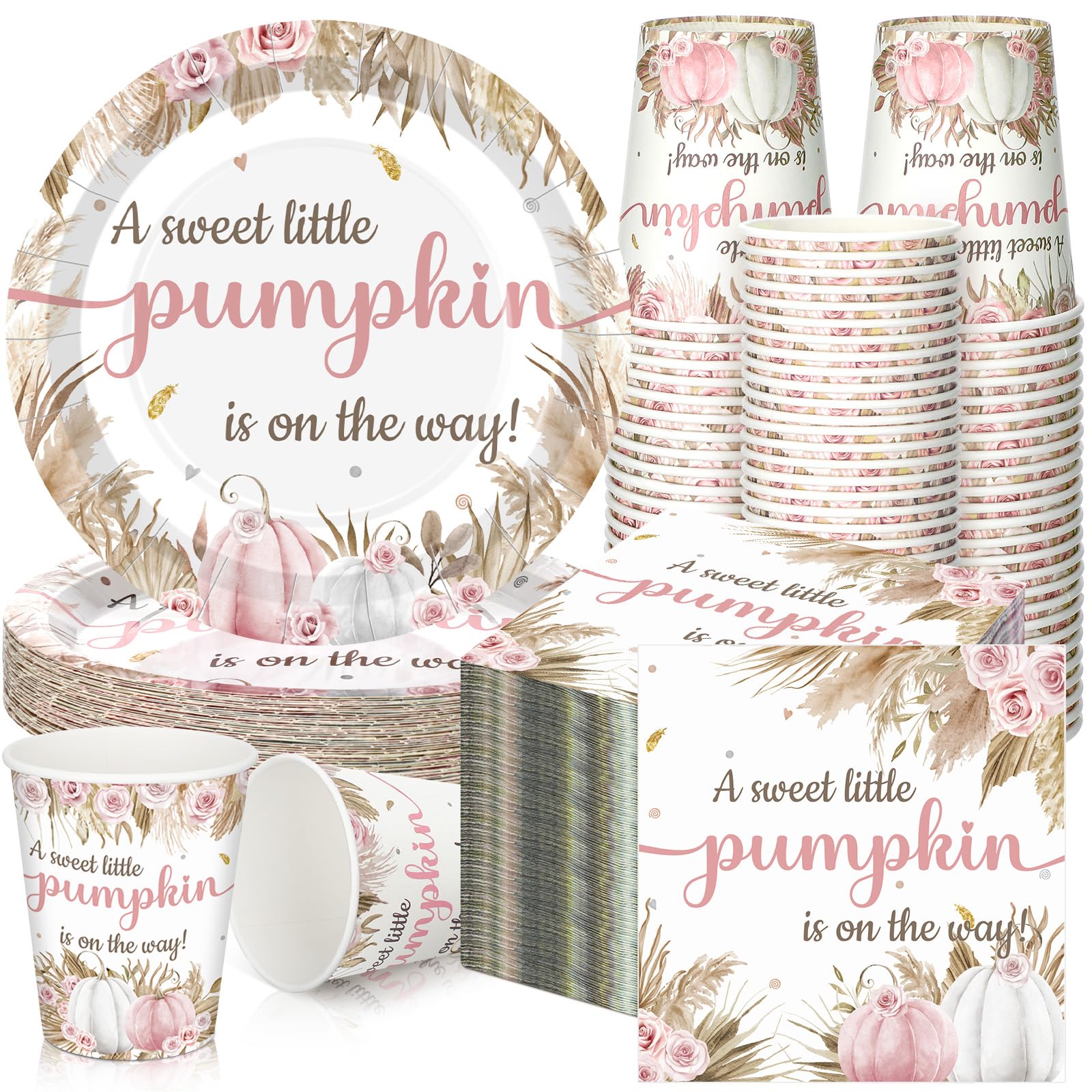 Hushee 200 Pcs Fall Boho Pumpkin Baby Shower Paper Plates Napkins Cups Baby Shower Party Supplies Tableware Set Disposable Cup N