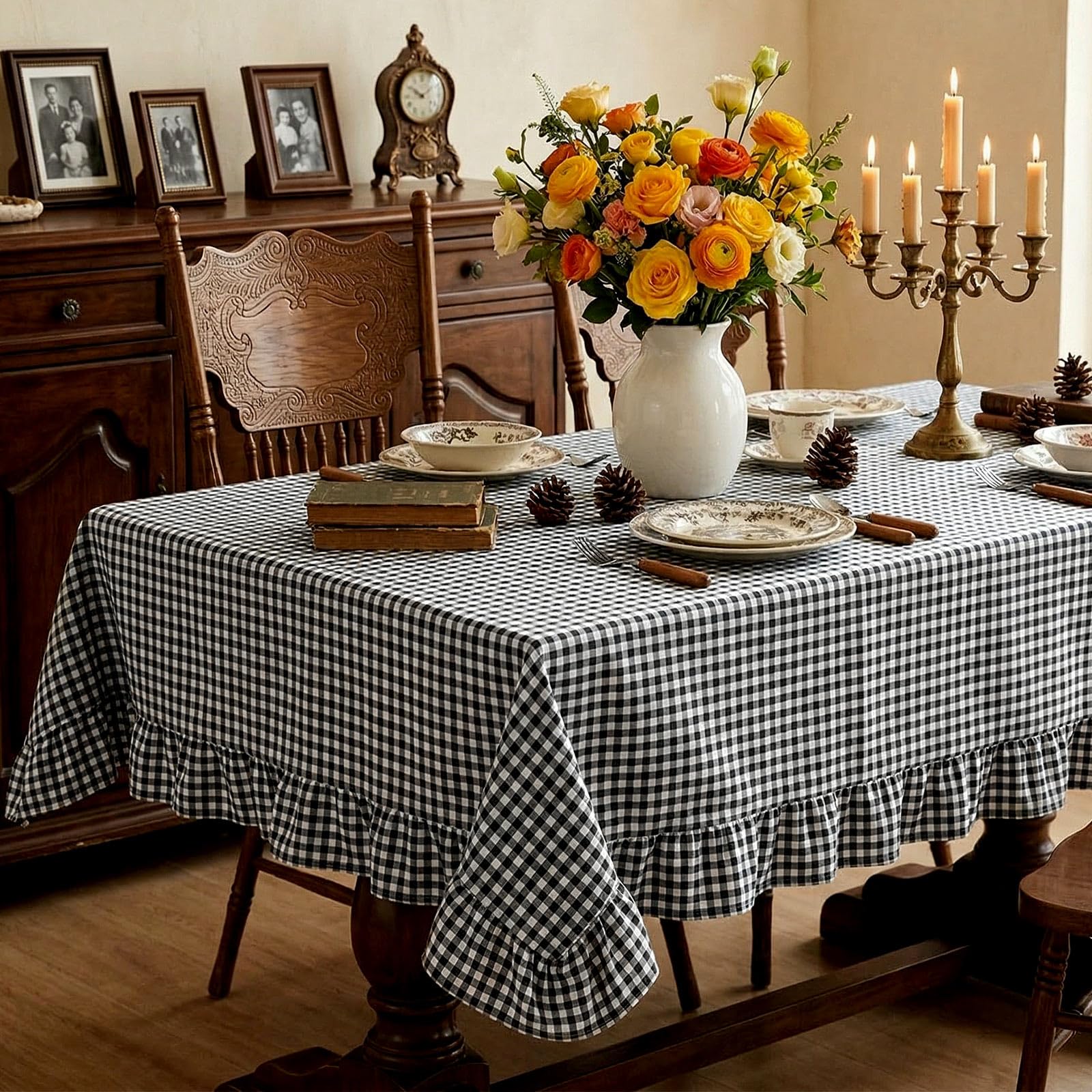 Mindsoft Black Gingham Ruffled Tablecloth 70 x 52 Inches Rectangle Cotton Linen Checkered Table Cloth Buffalo Plaid Farmhouse Vi