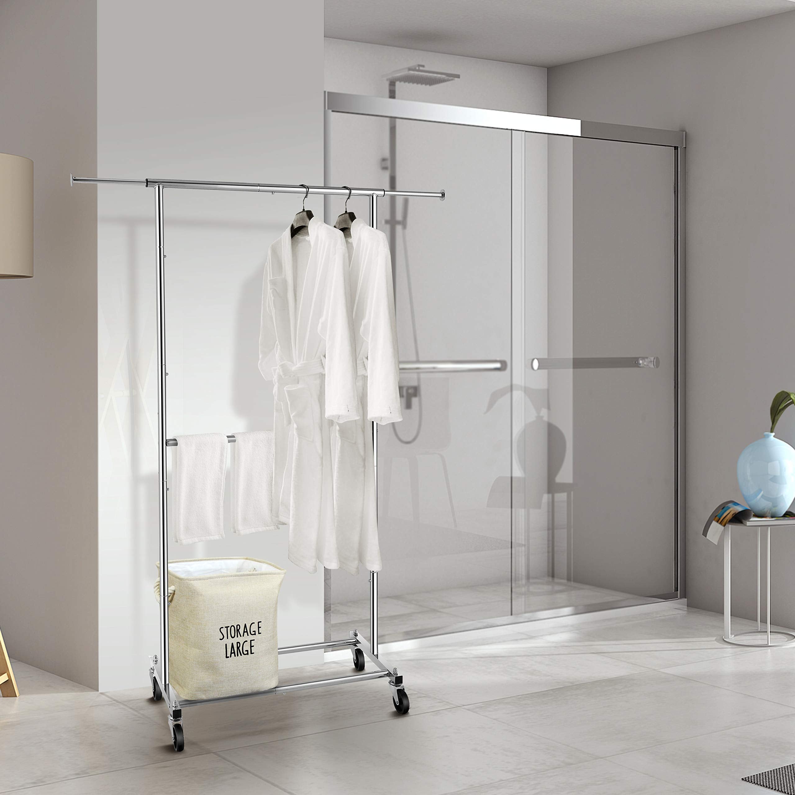 Simple Trending Double Rod Clothing Garment Rack  Rolling Clothes Organizer on Wheels for Hanging Clothes  Chrome