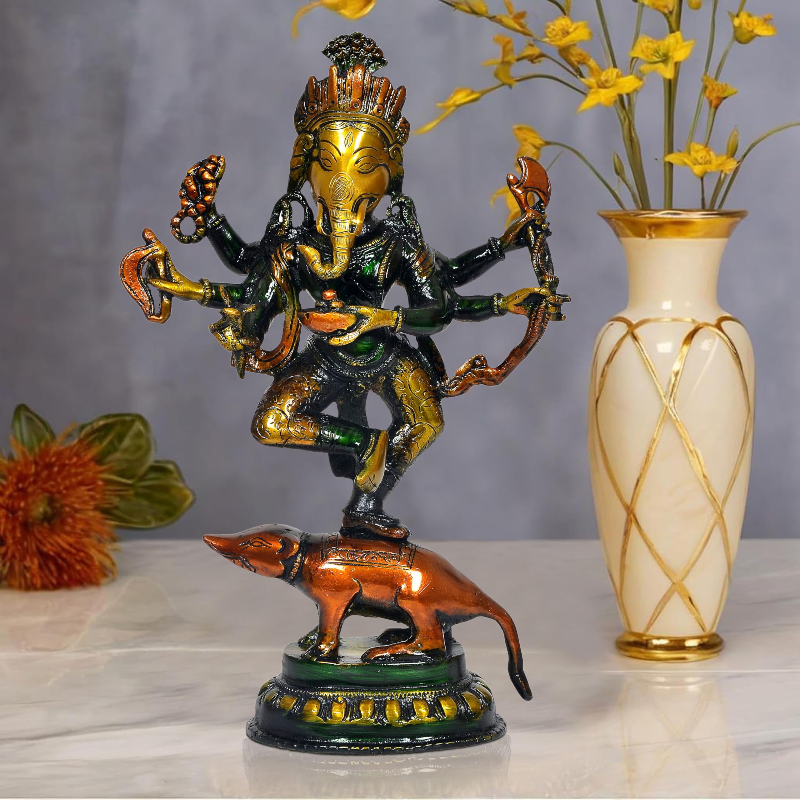 Dattatreya Brass Ganesha Six Hand God Ganesh Dancing On Mushak Idol For Home Decor Pooja Mandir Temple (Height 12 Inch)