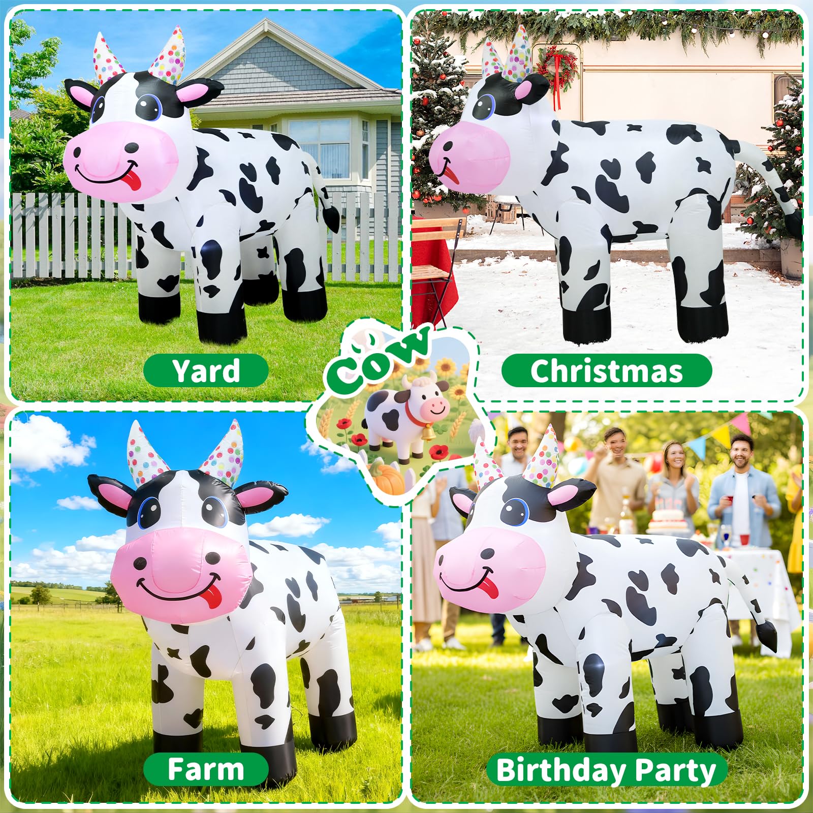 4FT Christmas Spring Farm Ranch Inflatable Cute Farm Cow Blow up Decoration with LED Light Outdoor Indoor Yard Graden Lawn Party